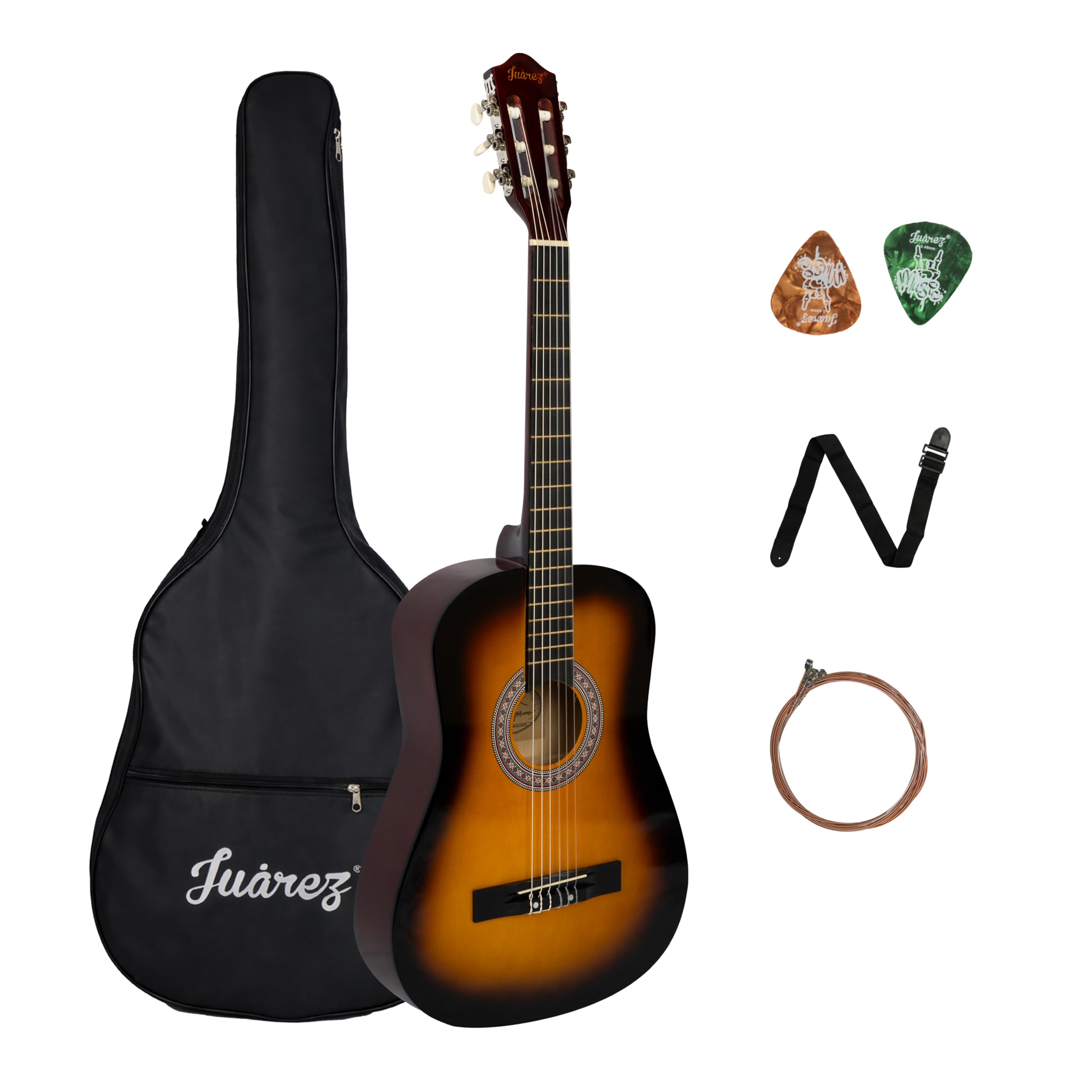 Juarez 38 Inch Classical Guitar with Nylon Strings for Beginners, Finger-Friendly Full Size Guitar Kit with Bag, Picks, Strap & Extra Steel Strings for Upgrade, 3TS-image-37