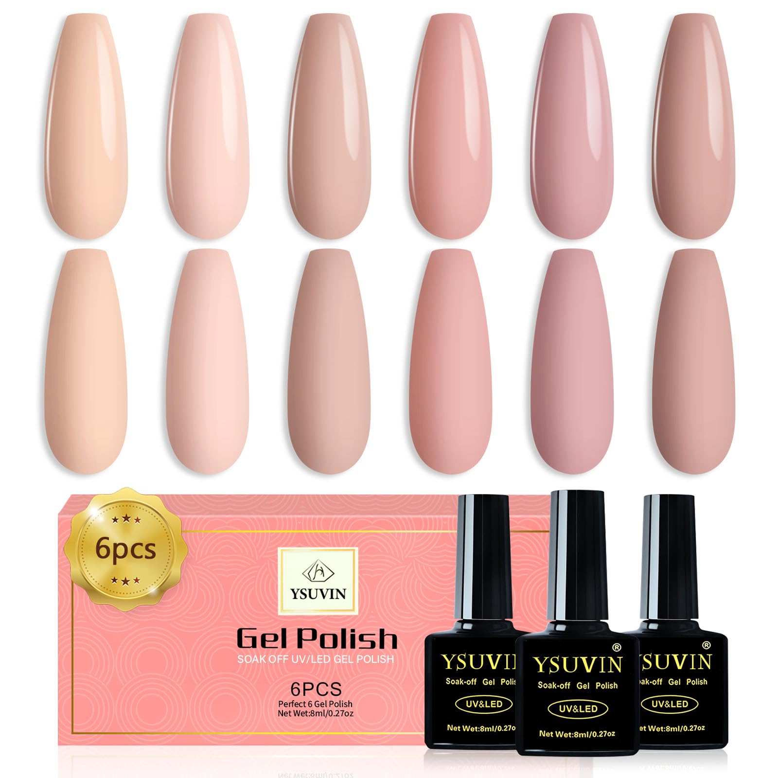 YSUVIN Esmaltes Semipermanentes para Uñas, 6 Colores Color de Piel Rosa Nude Pintauñas Semipermanentes, Esmalte Uñas Soak Off UV/LED Gel Uñas Diy Manicura Nail Art Set, 8ml