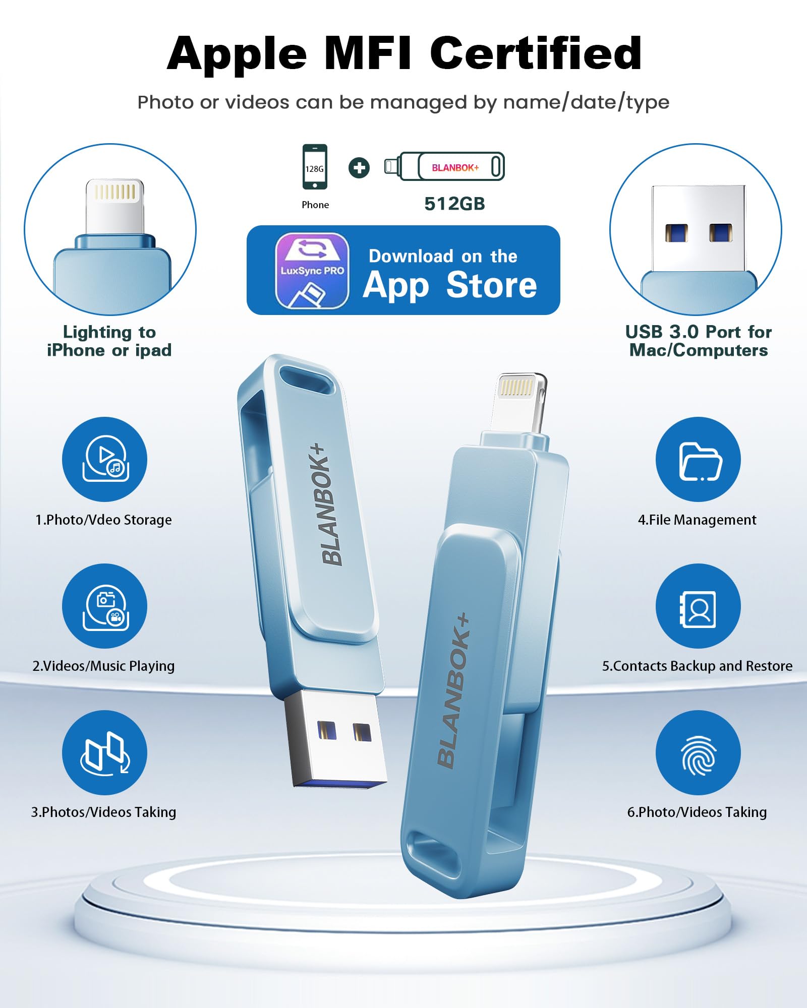 Memoria flash 3 in 1 certificata MFi per iPhone, chiavetta USB, trasferimento foto, unità di archiviazione per iPhone/iPad/Android/PC (blu, 512 GB)