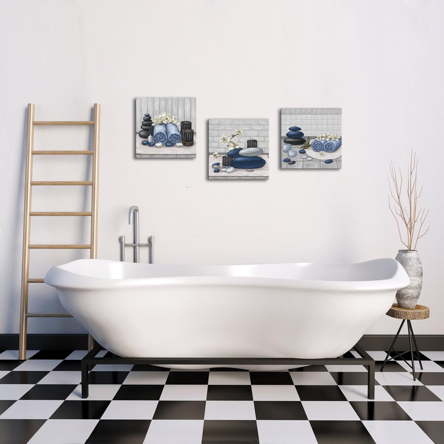 RnnJoile Spa Canvas Wall Art Zen Stone Orchid Picture Painting Navy Blue Still Life Prints for Bathroom Zen Meditation Room Decor Framed 12"x12" for Each - Image 3