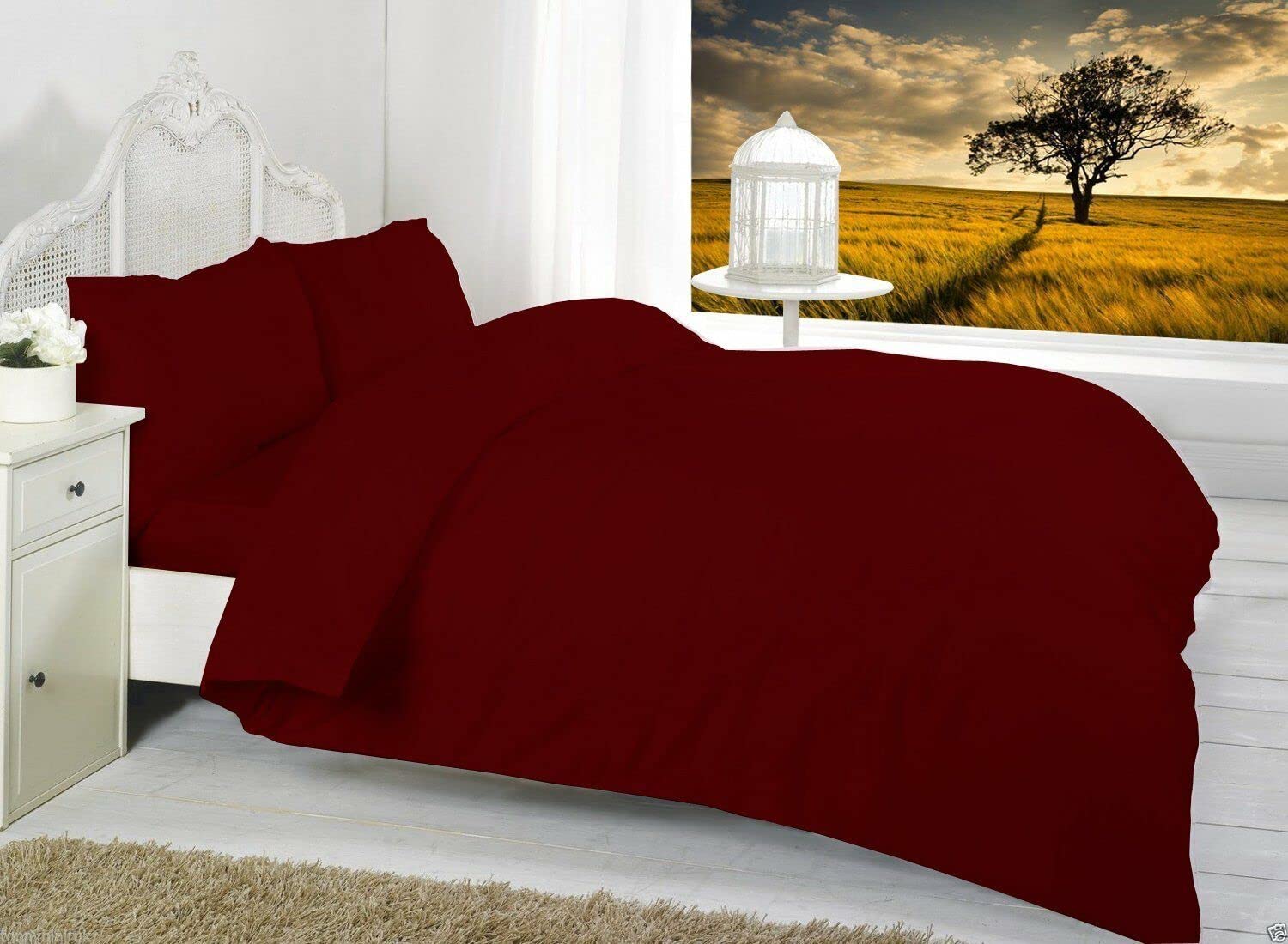R&Z Plain Dyed Percale Polycotton Duvet Cover & 2 Pillow Cases Bed Set (Wine/Burgandy, Kind)