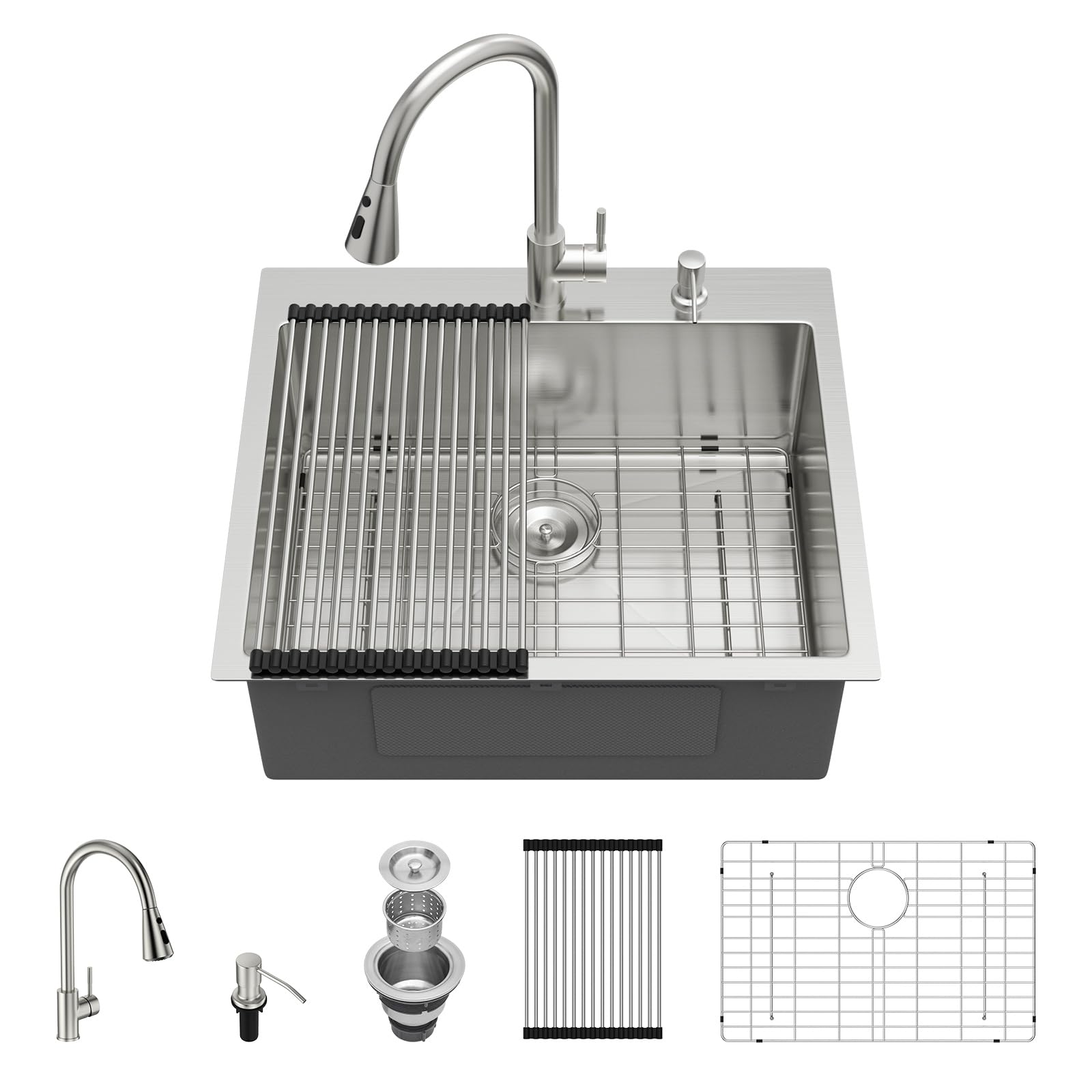 Kichae 25 Inch Drop In Kitchen Sink - 25x22 Drop Sink Stainless Steel 16 Gauge Single Bowl Topmount Deep Basin Drop Kitchen Sinks Round Corner Handmade Sink