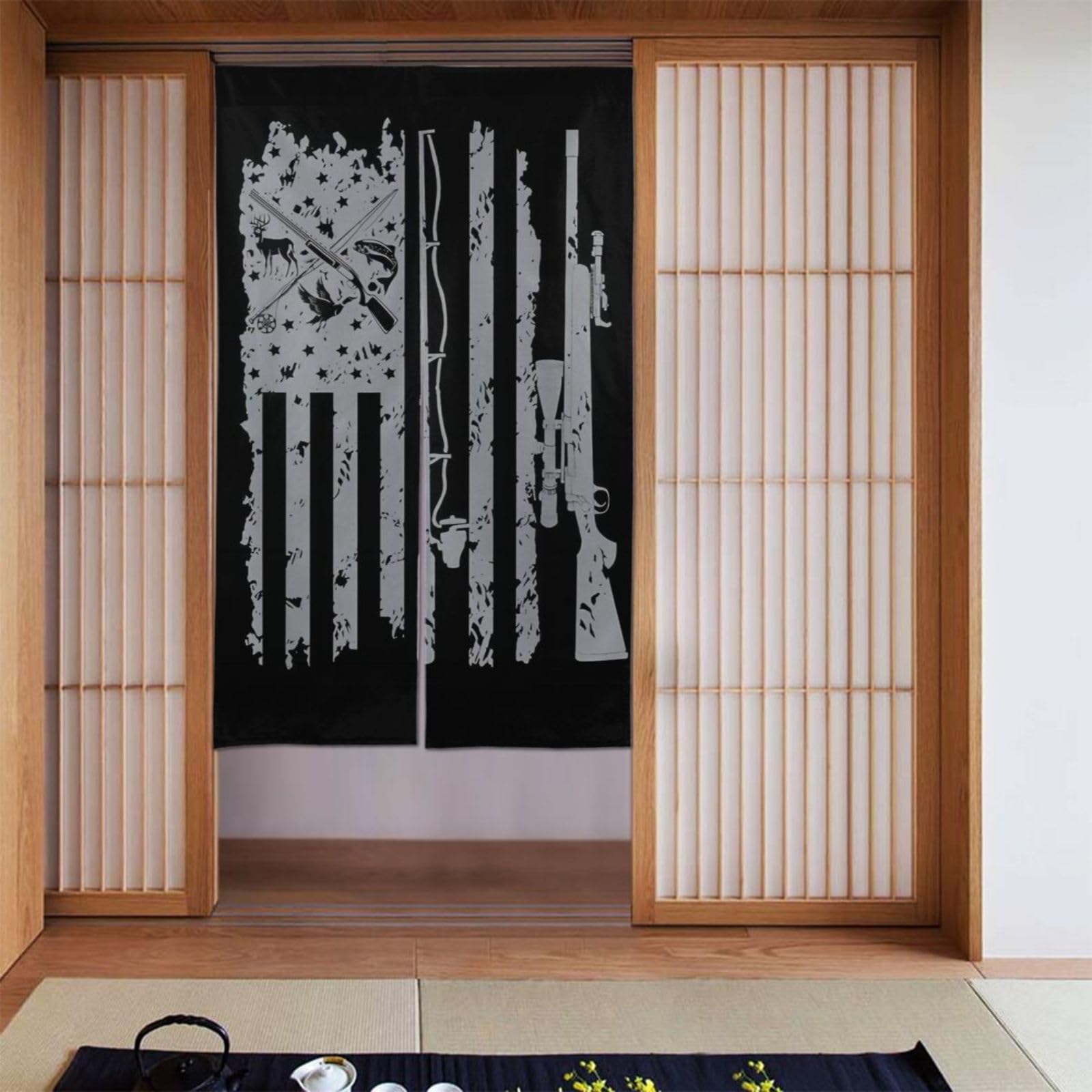 Lukiyys Grunge Fishing Deer Hunting American Flag with Gun Door Curtains,Doorways Curtains for Windows,Bedroom Divider 34"X 56"