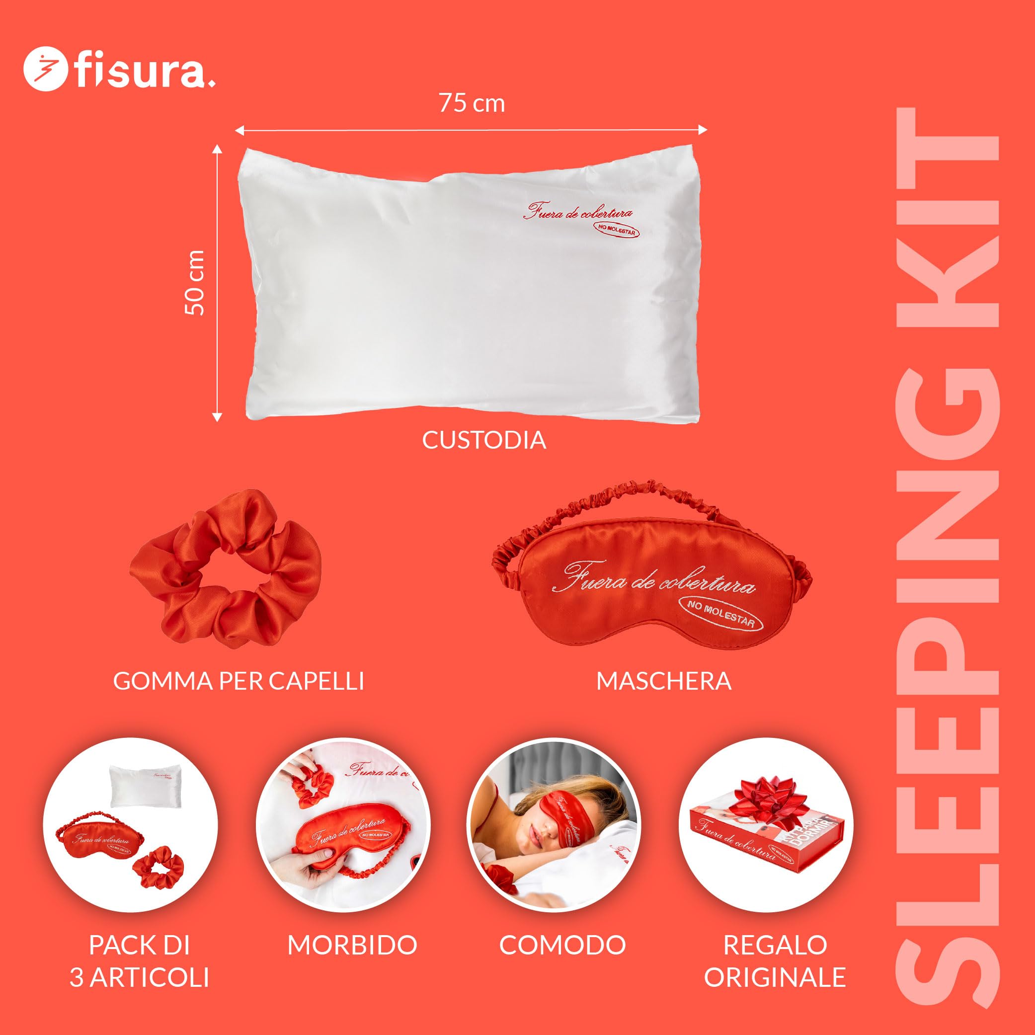 Fisura – Kit da sonno “No molestar”. Contiene: cuscino con federa satinata 50x70 cm, fermacoda liscio e mascherina riposante. Regalo simpatico ed elegante per lei.