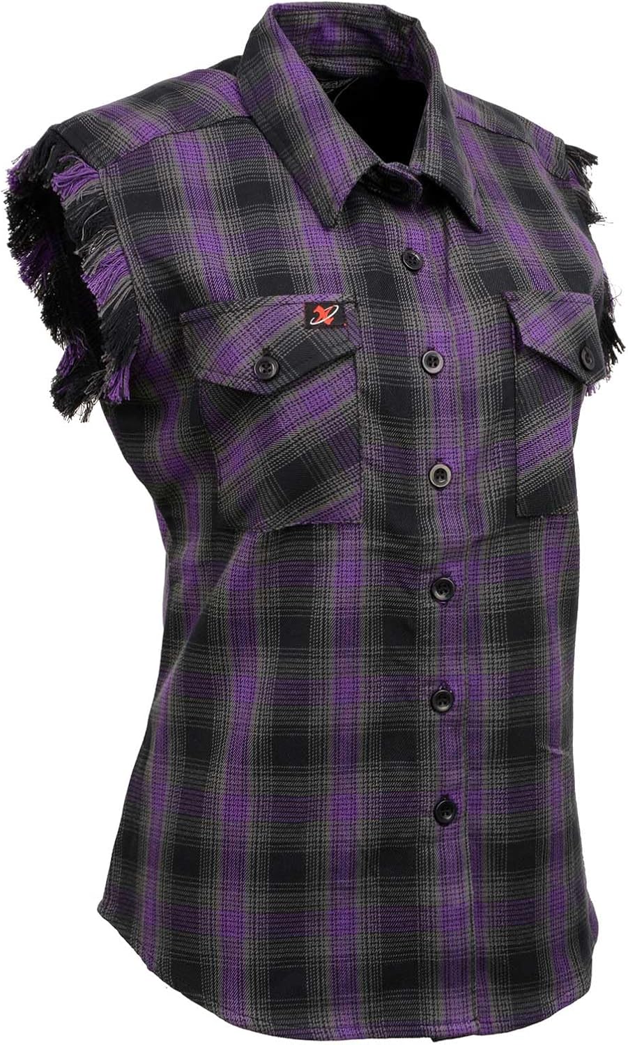 Milwaukee Leather MNG21624 Women's Flannel Black/Purple Button Sleeveless Cut Off Shirt w/Frill Arms