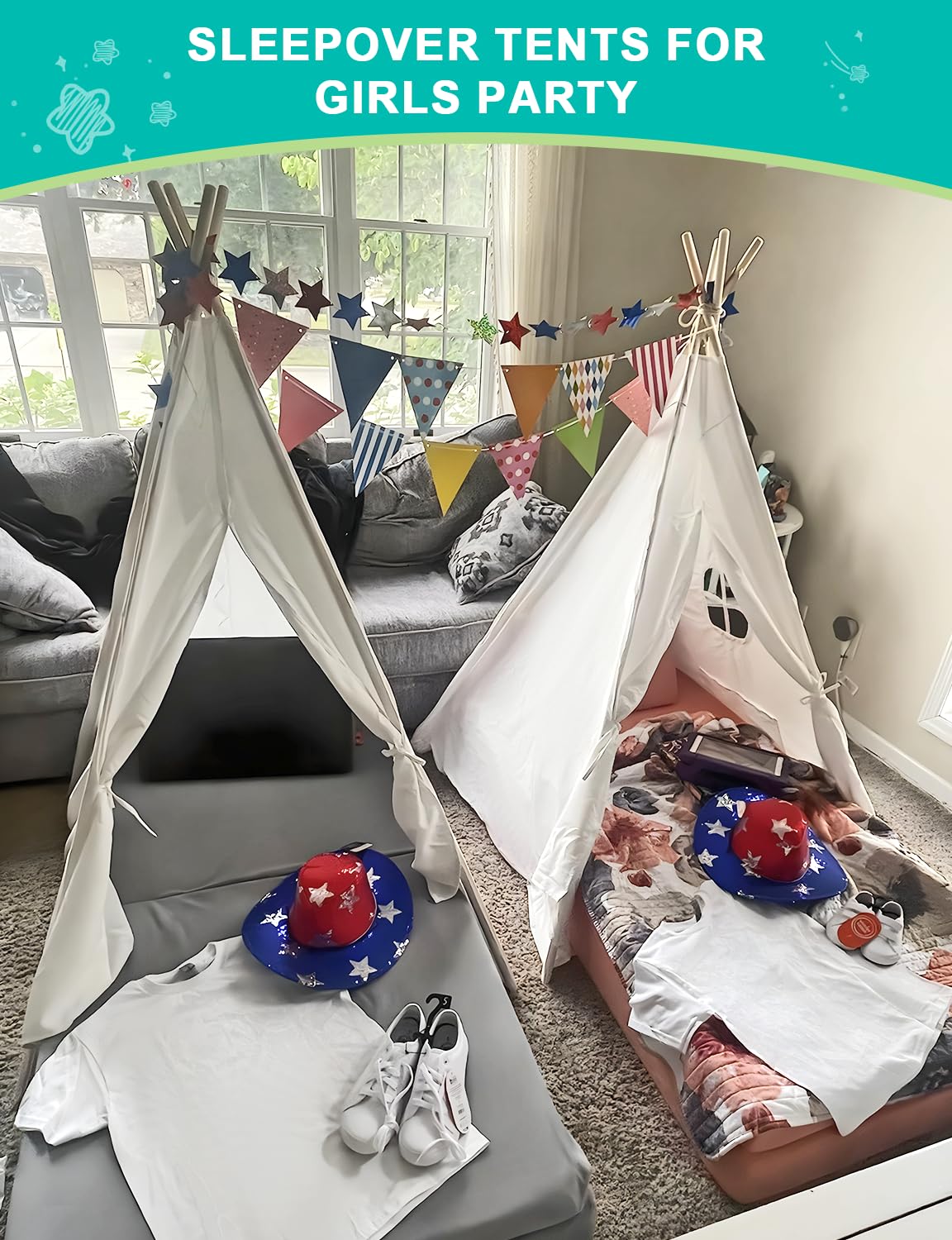 Teepee Tent for Kids Sleepover Party 2 Pack: Inflatable Airbed & Star Lights & Colored Flag - Indoor Outdoor Toddler Play Tent for Girls Boys Birthday Gifts Slumber Party (White)