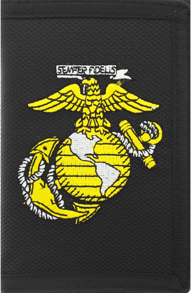 US Marines Semper Fidelis EGA Eagle Globe Anchor Trifold Wallet Black Gold USMC