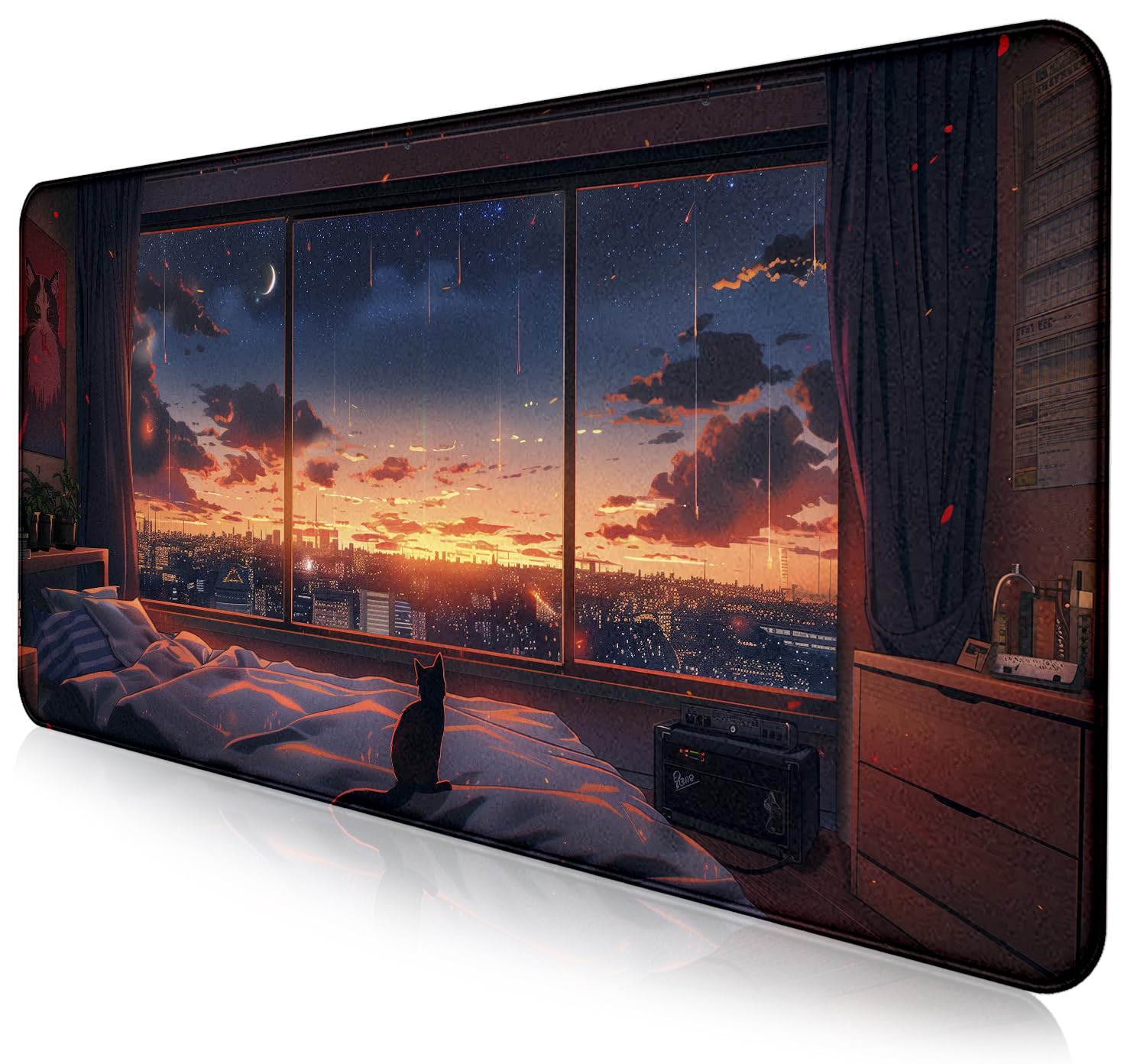 Anime Cat Fantasy Window Mouse Pad, Summer Mouse Pad Large Healing Night Scene, Game Table Pad XL Office Decoration Women's Laptop Keyboard Pad 35.4 x 15.7 x 0.12 Inches