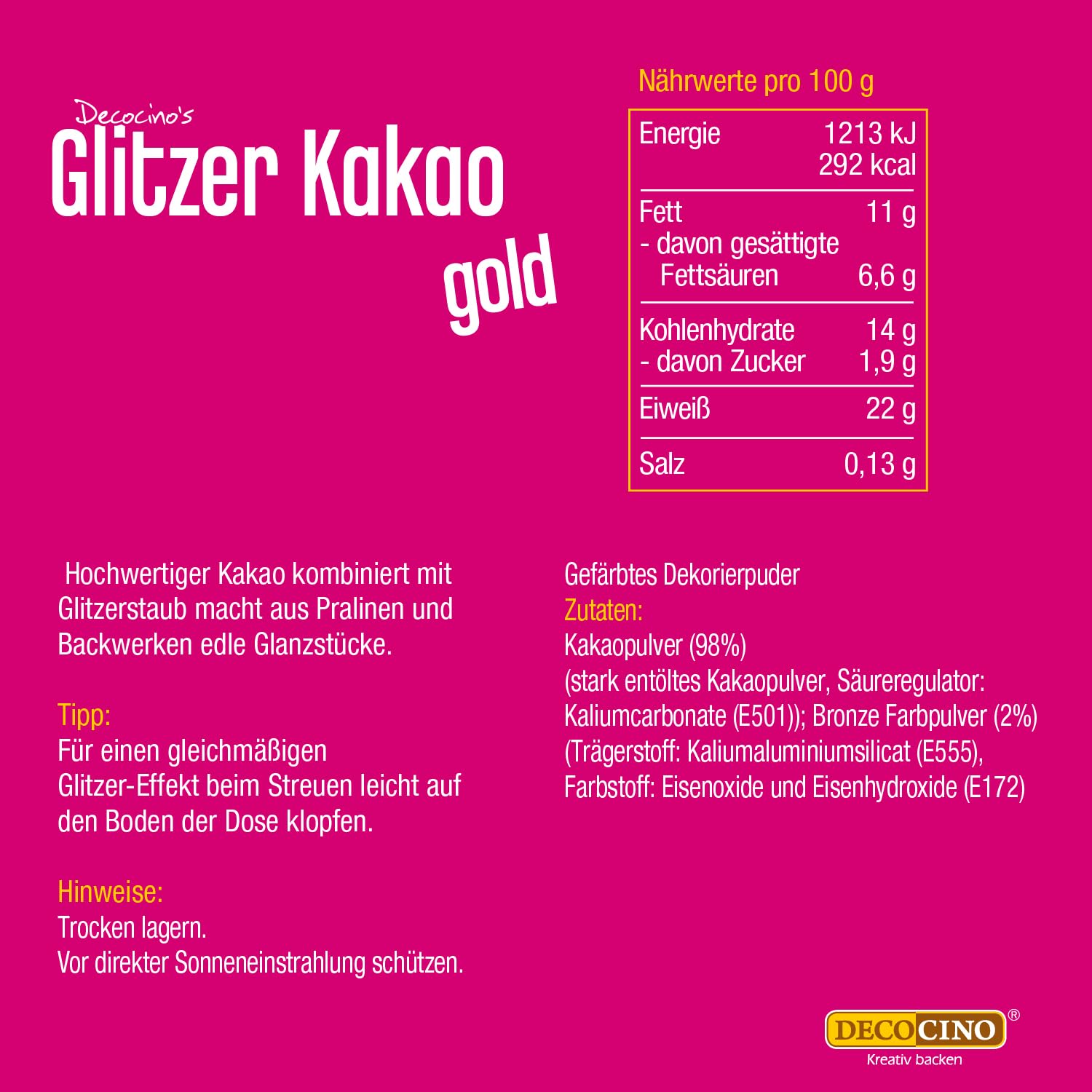 DECOCINO Paillettes de cacao doré (100 g) de poudre de cacao de qualité supérieure avec poussière de paillettes – pour décorer des gâteaux, des gâteaux, du café, du cappuccino, des chocolats, etc.