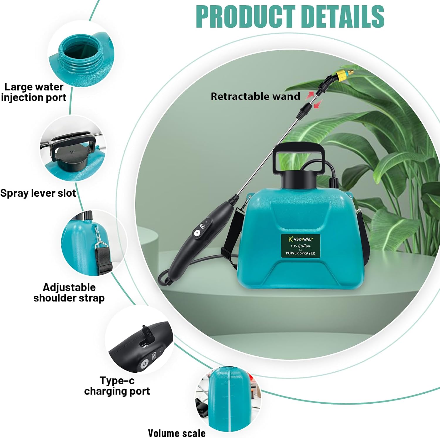 New Upgrade Battery Powered Garden Sprayer with 3 Mist Nozzles, 1.35 Gal Lawn Water Sprayer with USB Rechargeable Handle and Telescopic Wand,Portable Electric Sprayer with Shoulder Strap for Gardening