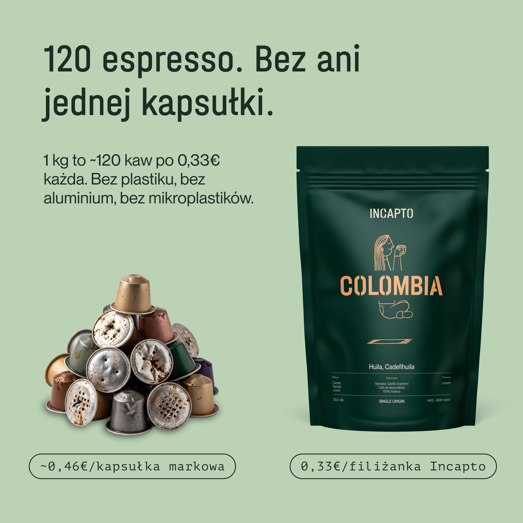 Incapto Kawa ziarnista Specialty 1 kg | Pochodzenie: Kolumbia | 100% Arabica | Kawa segmentu Specialty (84 punkty SCA) | Naturalny, rzemieślniczy proces palenia | Huila Estate, Cadefihuila