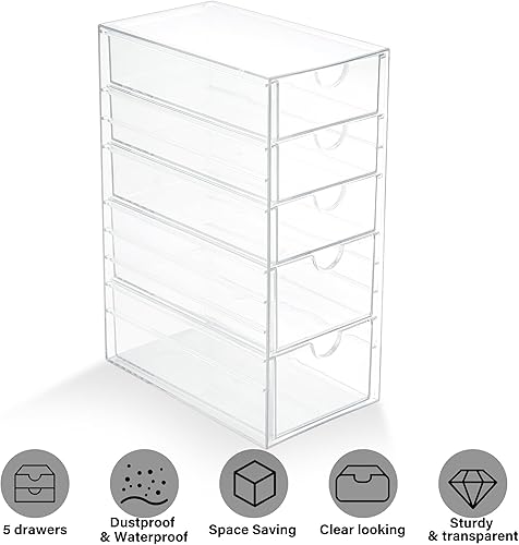 Miniatura 5 de Prsildan Organizador de maquillaje acrílico con 5 cajones, organizador de accesorios para el cabello, organización de escritorio de oficina, cajones