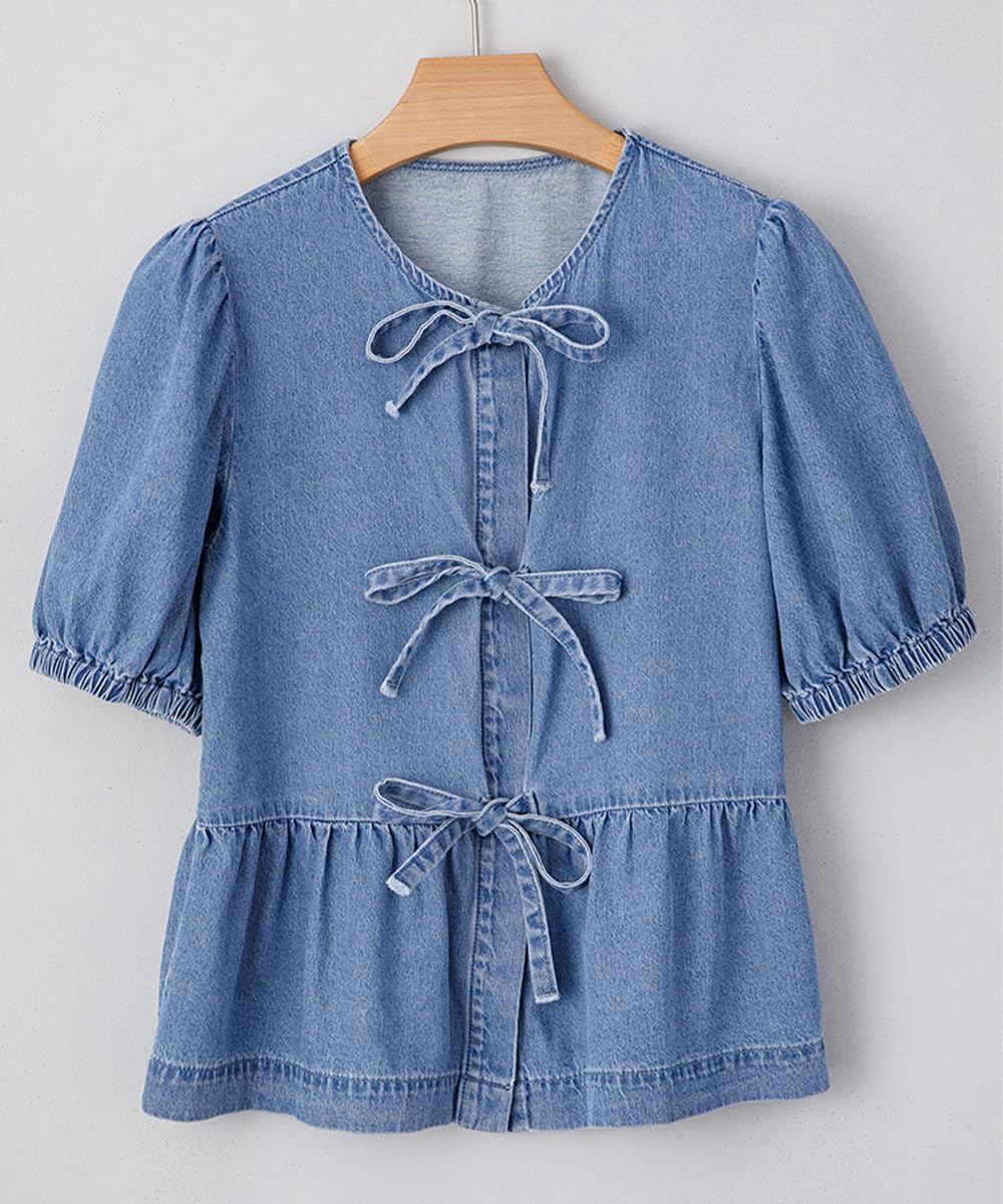 Denim Chemises pour Les Femmes à la Mode Round Neck Pullover Lace Up Puff Manches Courtes Lavé Chambray Blouse Tops