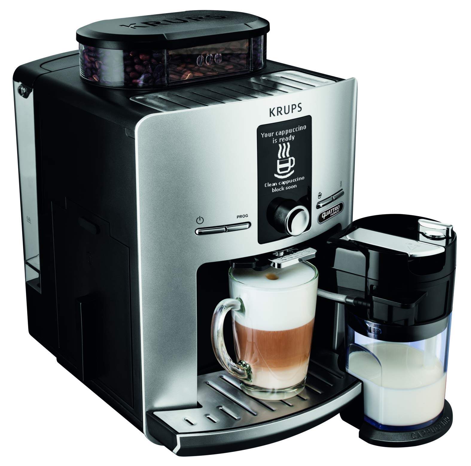 Krups Espresseria Latt, Réservoir 1,7 L, 1450 W, Cafetière à grain en acier, Broyeur, Cappuccino One-touch, Nettoyage automatique, Pression de 15 bars, Fabriqué en France YY4201FD