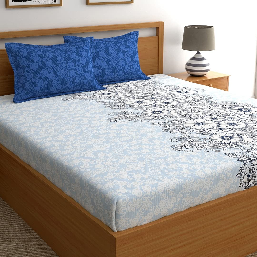 Home Ecstasy 100% Cotton King Bedsheet with 2 Pillow Covers, 140TC Cotton Floral Blue Bedsheet for King Bed (9ft X 9ft) (B0CP7F741T) Amazon Price History, Amazon Price Tracker
