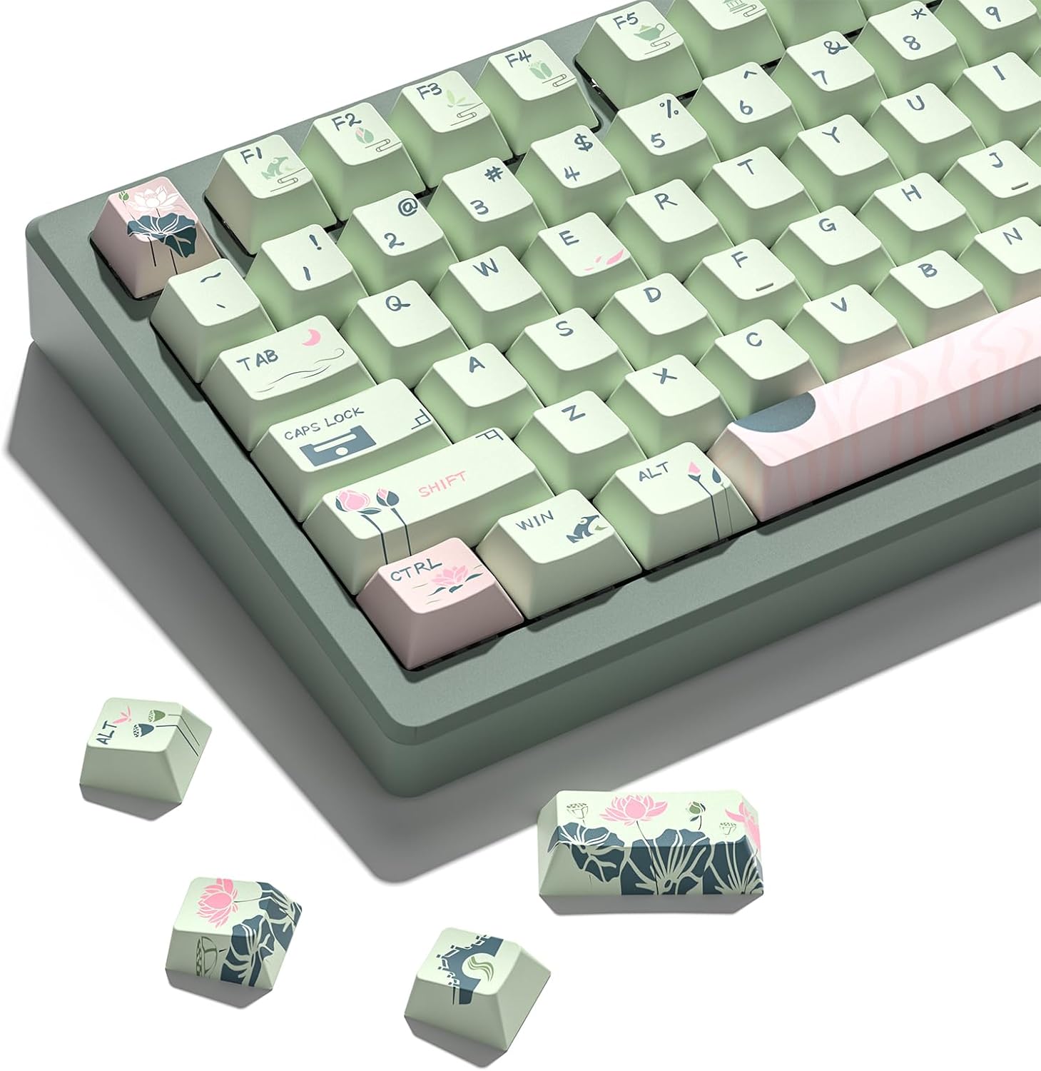 Summer Lotus PBT Keycaps, 135 Keys Key caps, Cherry Profile, Dye Sublimation, Custom Keyboard Keycaps for Mechanical Keyboard, Compatible with ANSI, 60%, 65%, 75%, TKL, Full-Sized Layout