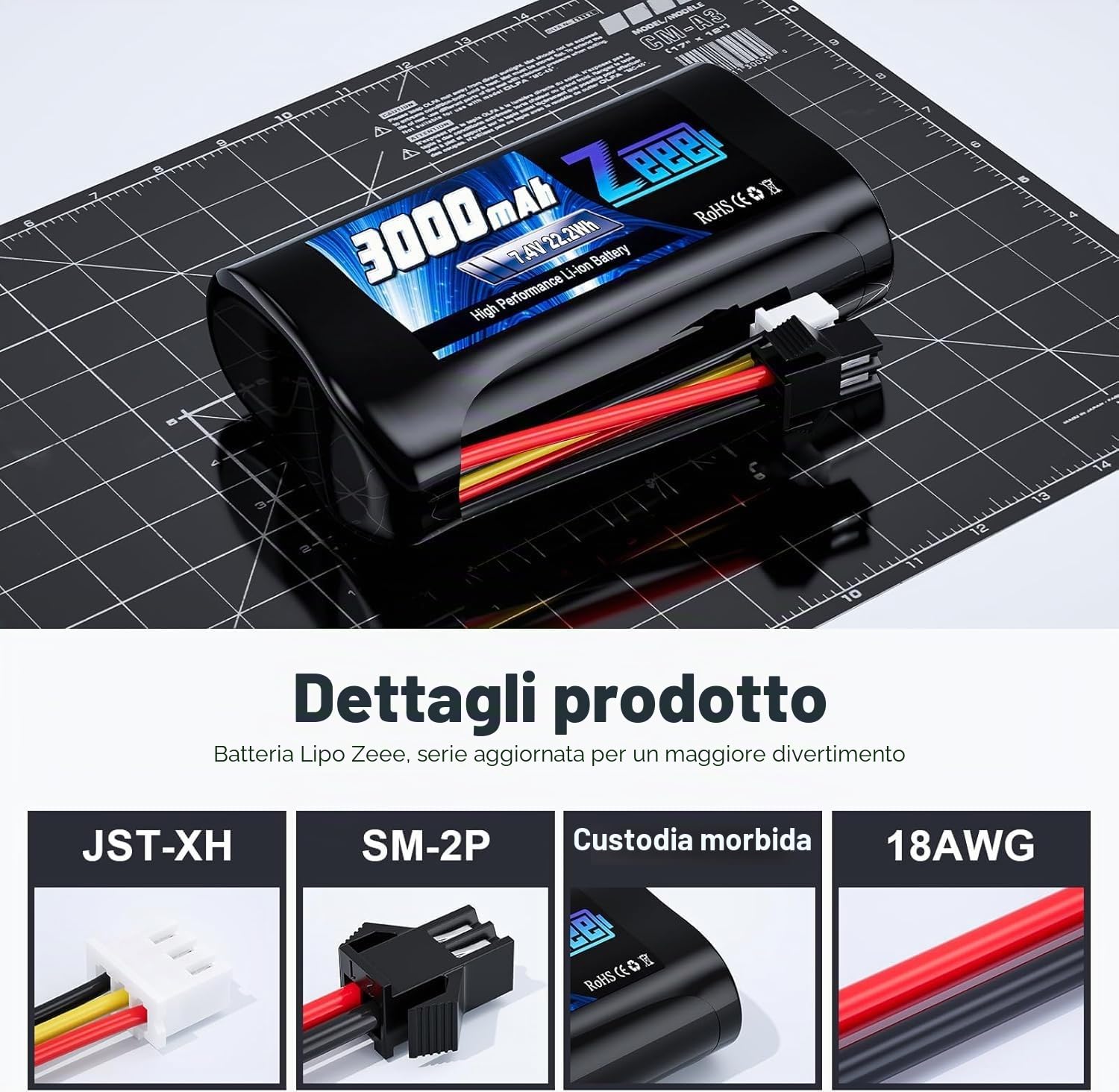 Zeee 2S Li-Ion Batteria 7,4V 3000mAh con spina SM 2P, Batteria RC ricaricabile compatibile con auto RC WPL MN, barche RC, camion RC (2 pezzi)