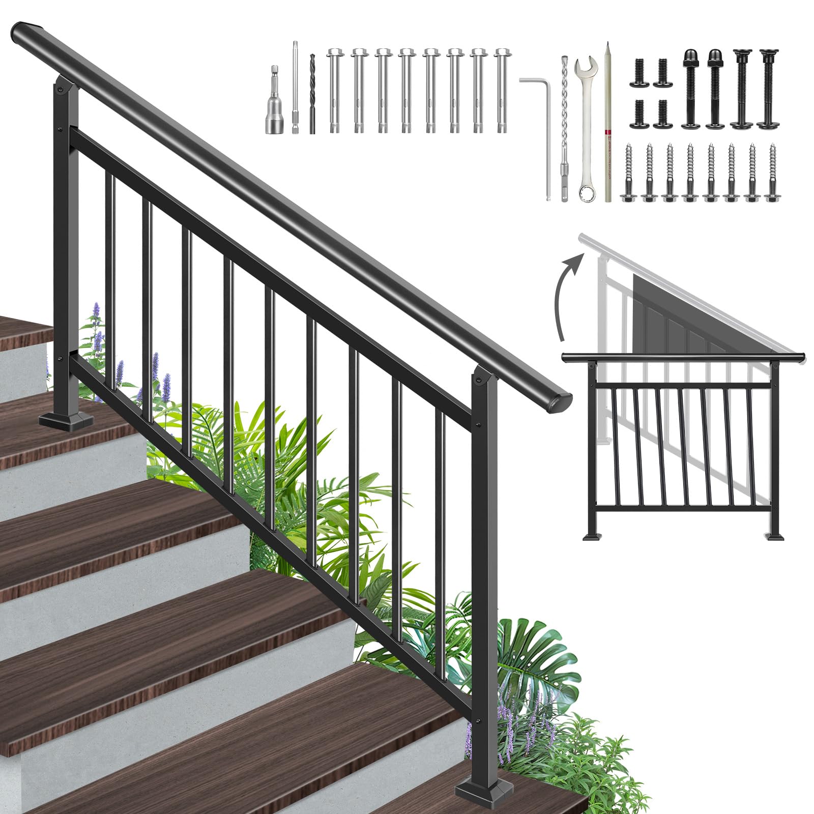 Adjustable Handrails for Outdoor Steps – Black Metal Stair Railing with Flexible Angle Design, Porch Railing Fits 1 to 5 Steps or Horizontal Use, Wrought Iron Hand Rails with Installation Kit