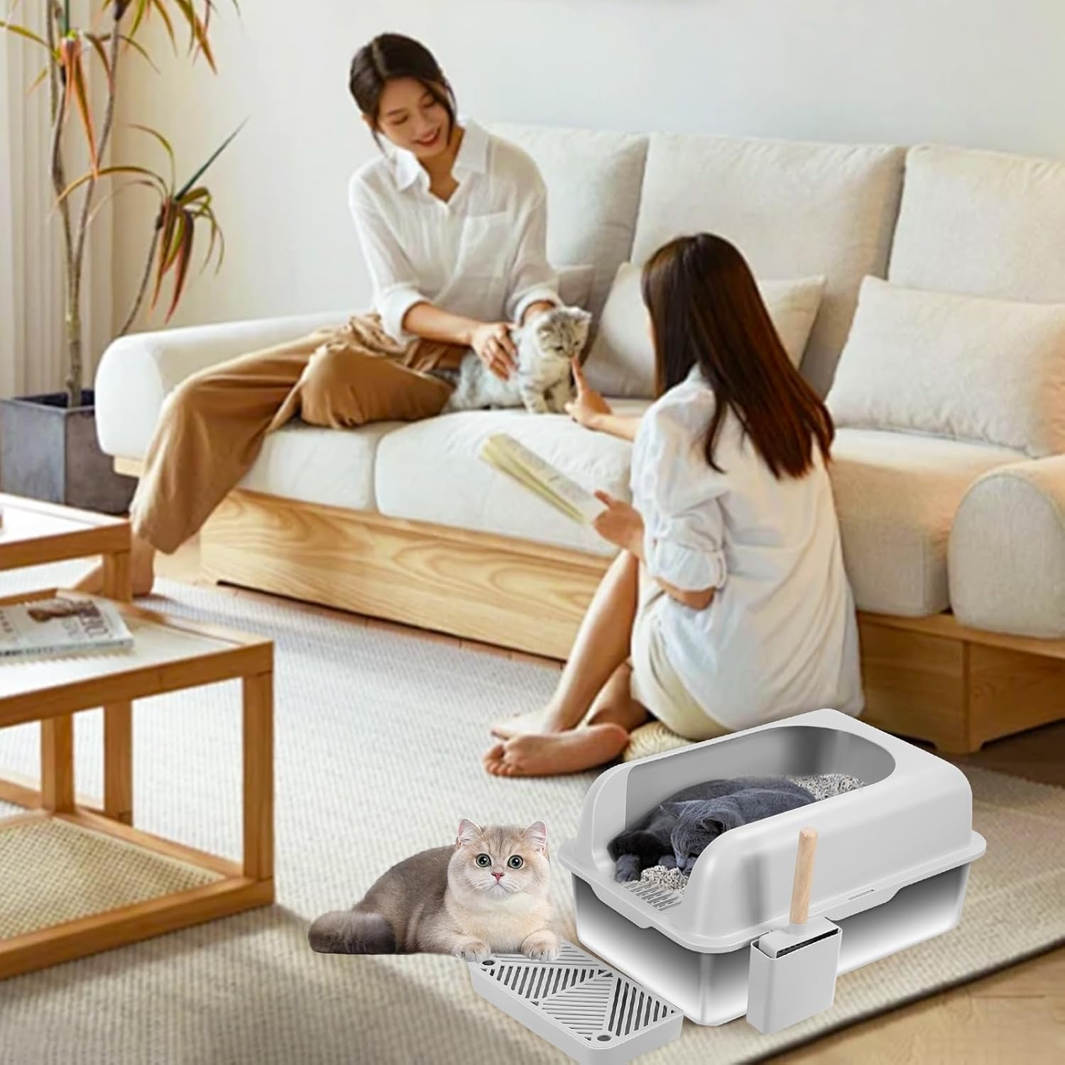 Stainless Steel Cat Litter Box, Extra Large Semi-Closed Litter Pan with High Sides & Non-Stick Surface, High Sided Litter Box, Odorless Easy Clean Design, Anti-Leakage for Multiple Cats 1 Set