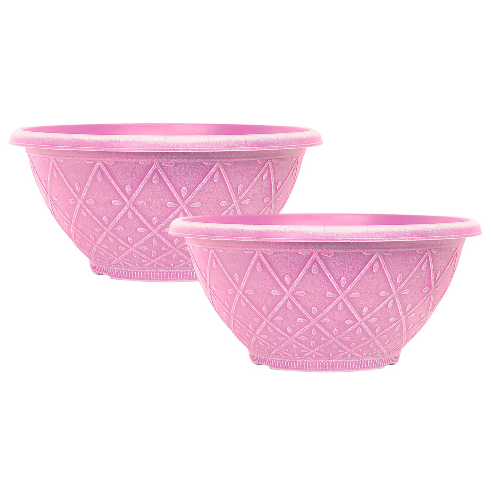 Fyne-Finds Powdered Raspberry Pink Set Of 2 Plastic Prisma Bowl Planter 30Cm,12Inch 6L Plant Pot With Drainage Holes Home Garden Decor