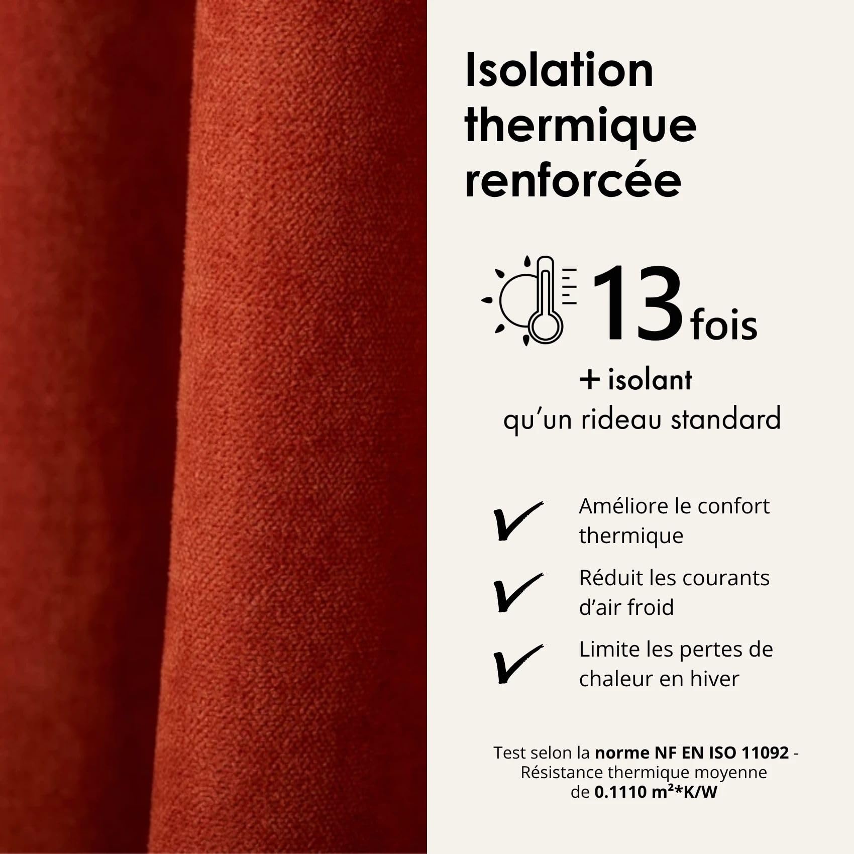 Home Maison QABANE - Rideau Thermique Phonique KONFOR - Flanelle Polyester - Occultant Isolant Froid et Bruit - Chambre Salon Bureau - 8 Oeillets - 140 x 300 cm - Terracotta