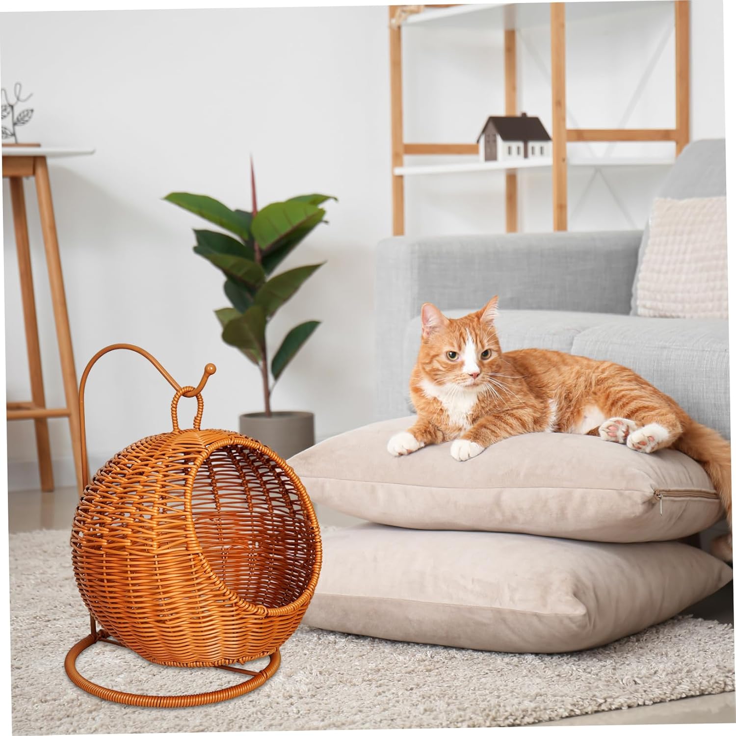 Cat Basket Bed, Imitation Rattan Cat Hanging Hammock Bed for Small Space Comfortable Small Kittens Nest for Indoor Wicker Rattan Hanging Hammock