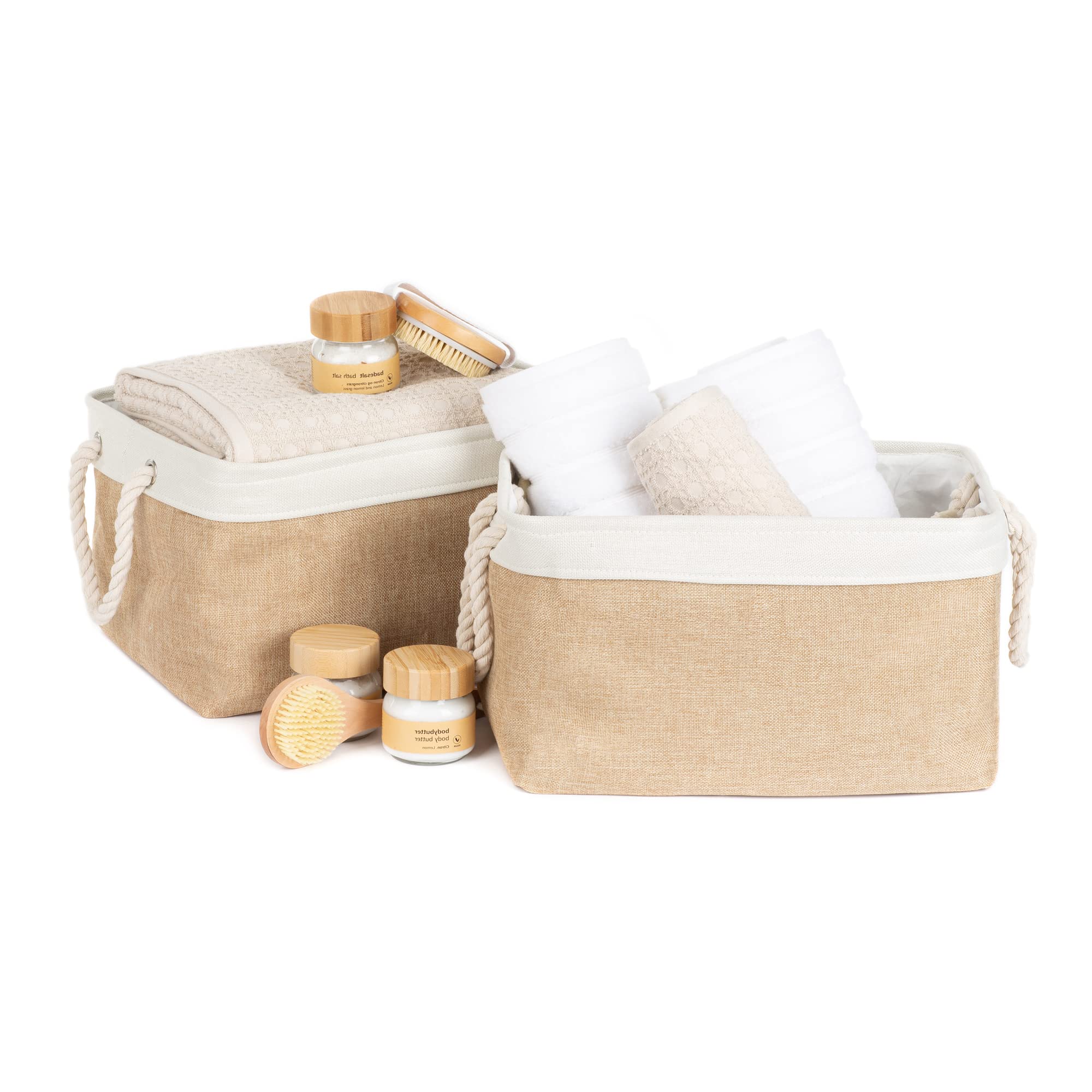 Livivo Natural Foldable Decorative Canvas Storage Bin Basket Organiser Collapsible Portable With Cotton Rope Handles Perfect For Toys Clothes Towels Shelves Books (, Set Of 2)