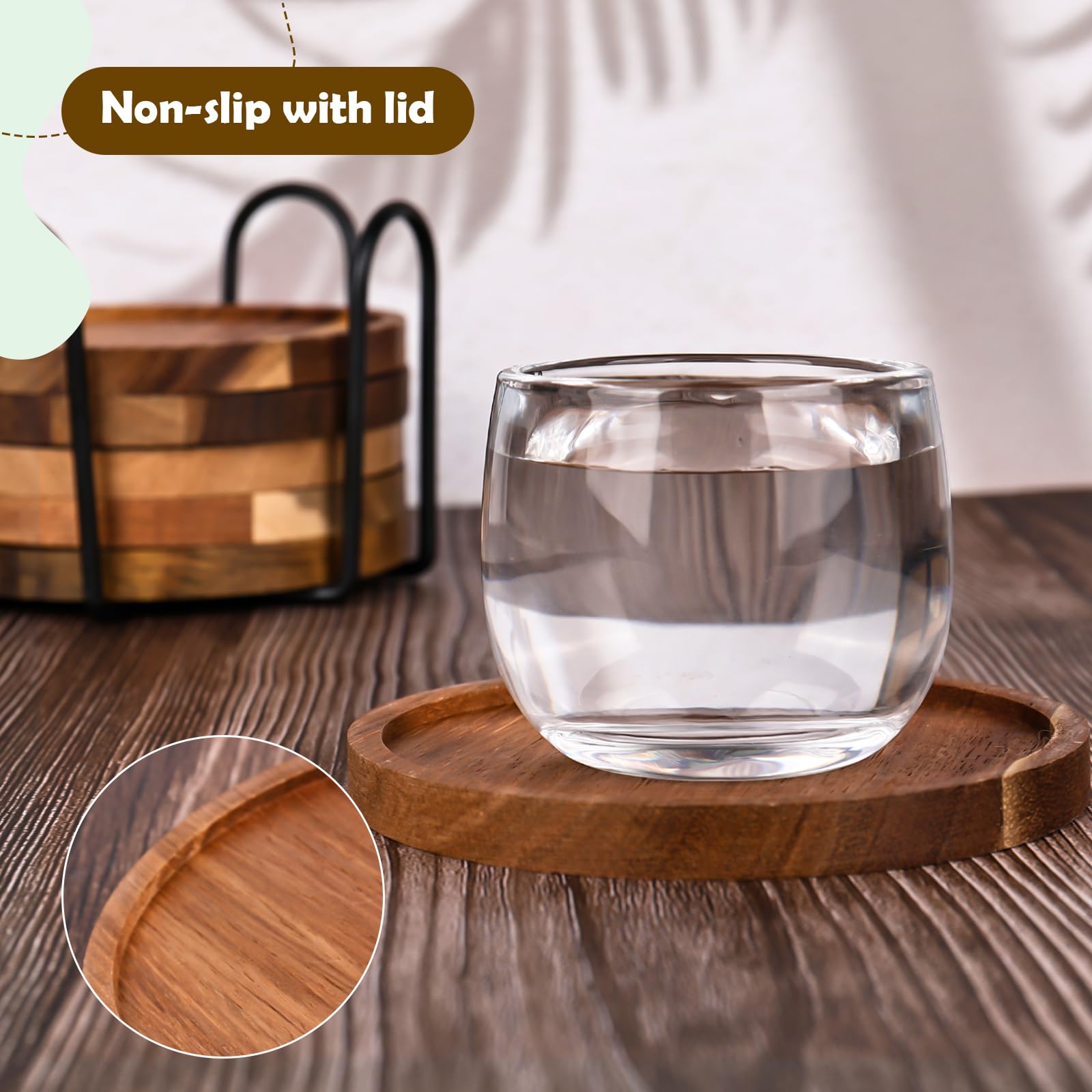 XTDMJ 6 posavasos redondos de madera de acacia con soporte, posavasos de cristal posavasos de corcho para té, bebidas, tazas, latas, vasos