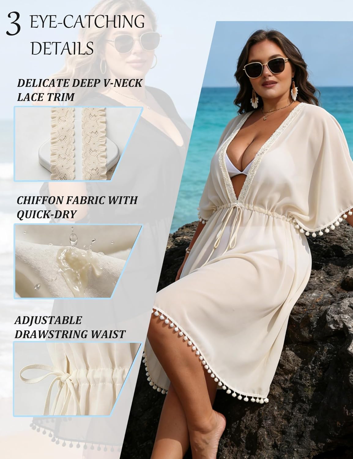 SWOMOG Women Swimsuit Cover Up Plus Size Bikini Swimwear Coverups Sheer Deep V Neck Beach Tunic Dresses Summer Beachwear - Image 6