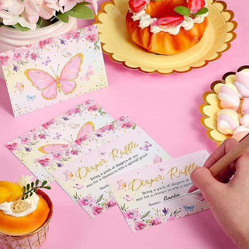 Miniatura 6 de Teling 51 boletos para rifas de pañales de mariposa con pañal, caja de tarjetas para sorteo de baby shower, decoración de baby shower, revelación de