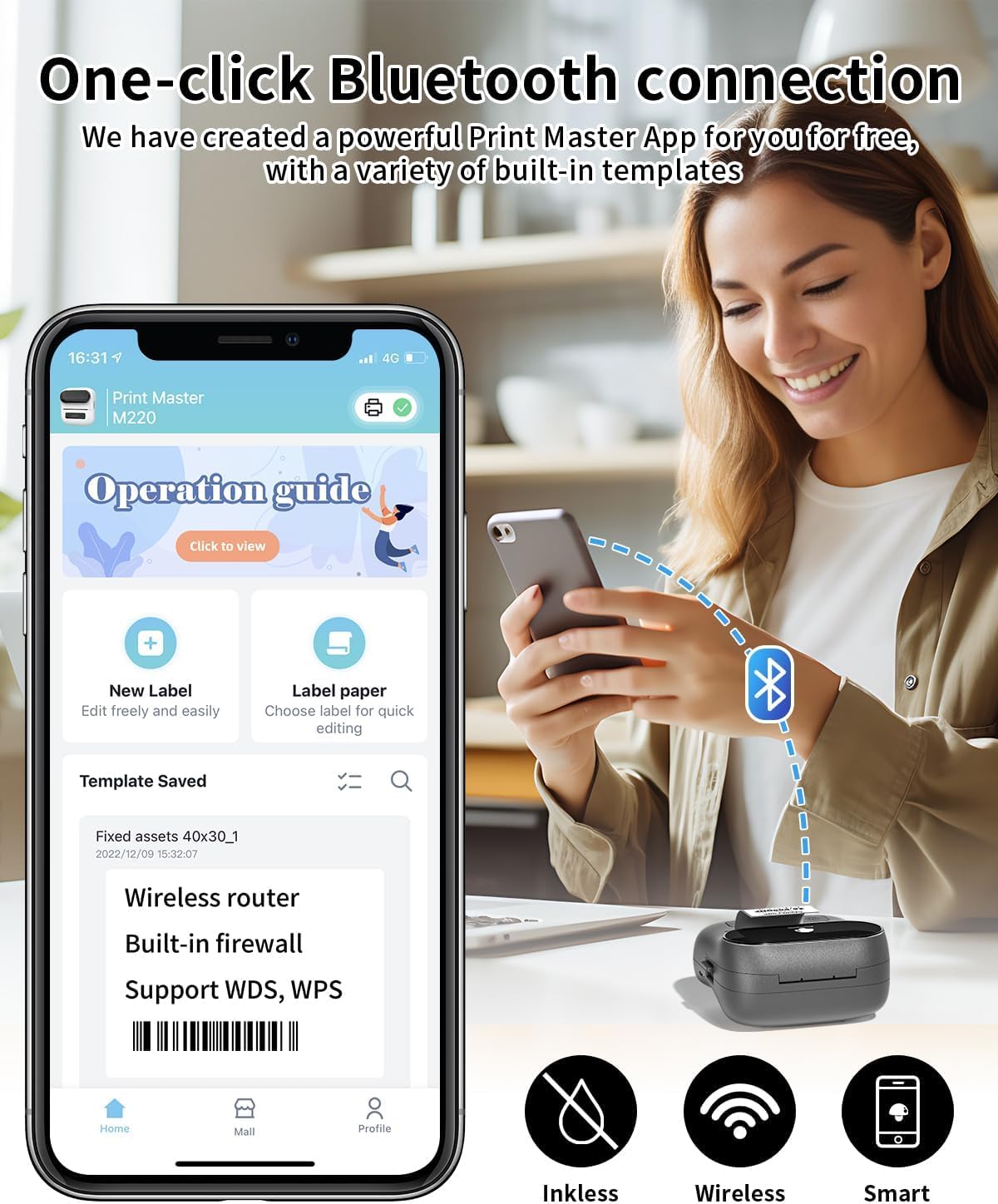 Phomemo M220 Label Maker & 1 Roll Thermal Round Gold + 1 Roll Labels, Label Makers Upgrade,3.14 Inch Portable Thermal Printer Support 20-80mm Width Label
