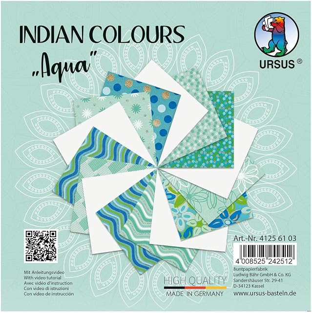 Ursus 41256103 Indian Aqua, with 10 Natural 5 Sheets of Coloured Drawing Paper, Printed on one Side, with Metal Effect and Glitter Finish