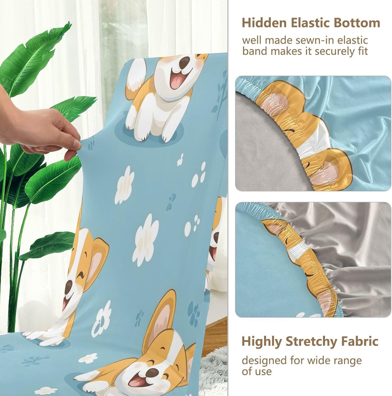 ALAZA Chair Covers for Dining Room, Corgi Dogs Flower Pattern Stretch Chair Cover Sets Chair Protector Removable Washable for Ktichen Restaurant Hotel