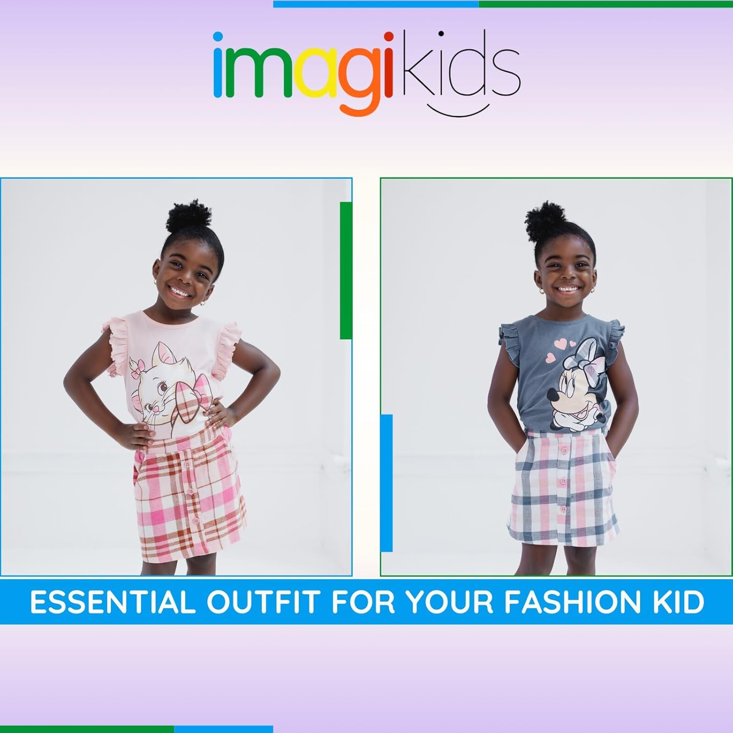 Disney Lilo & Stitch The Aristocats Minnie Mouse Girls T-Shirt and Plaid Skirt Toddler to Big Kid - Image 2