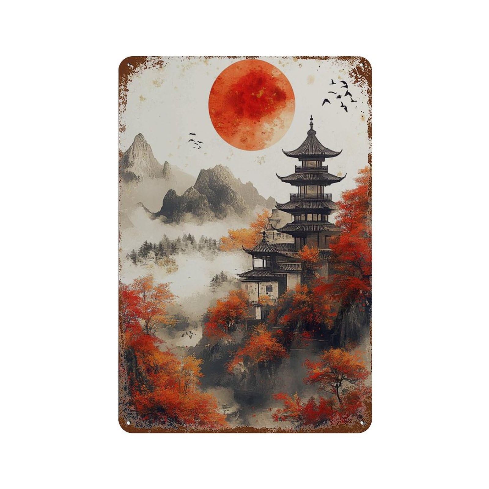 xiaoxiaoshen Japanese Pagoda Red Sun Landscape Oriental Wall Decor Art Metal Tin Poster Modern Home Decor Art Home Bar Shop Decorations Vintage Sign 30x20cm
