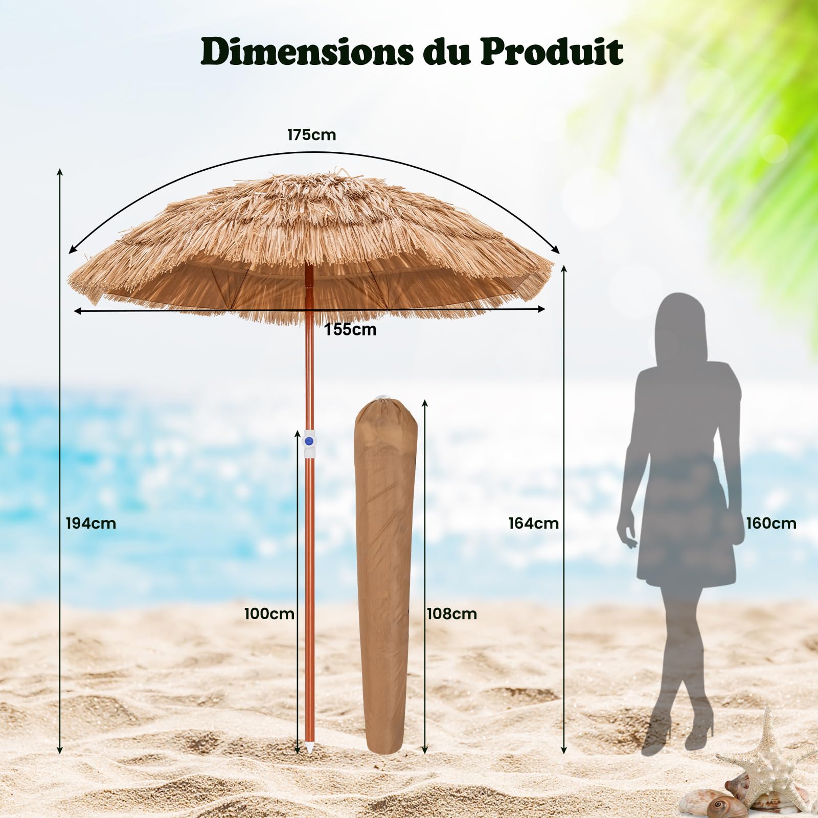 COSTWAY Parasol de Jardin Exterieur Φ175 cm, Inclinable et Hauteur Réglables 140-190 cm, Parasol Exotique Paille PP à 5 Couches, Sac de Transport, 8 Baleines, Style Hawaïen pour Jardin Plage Piscine