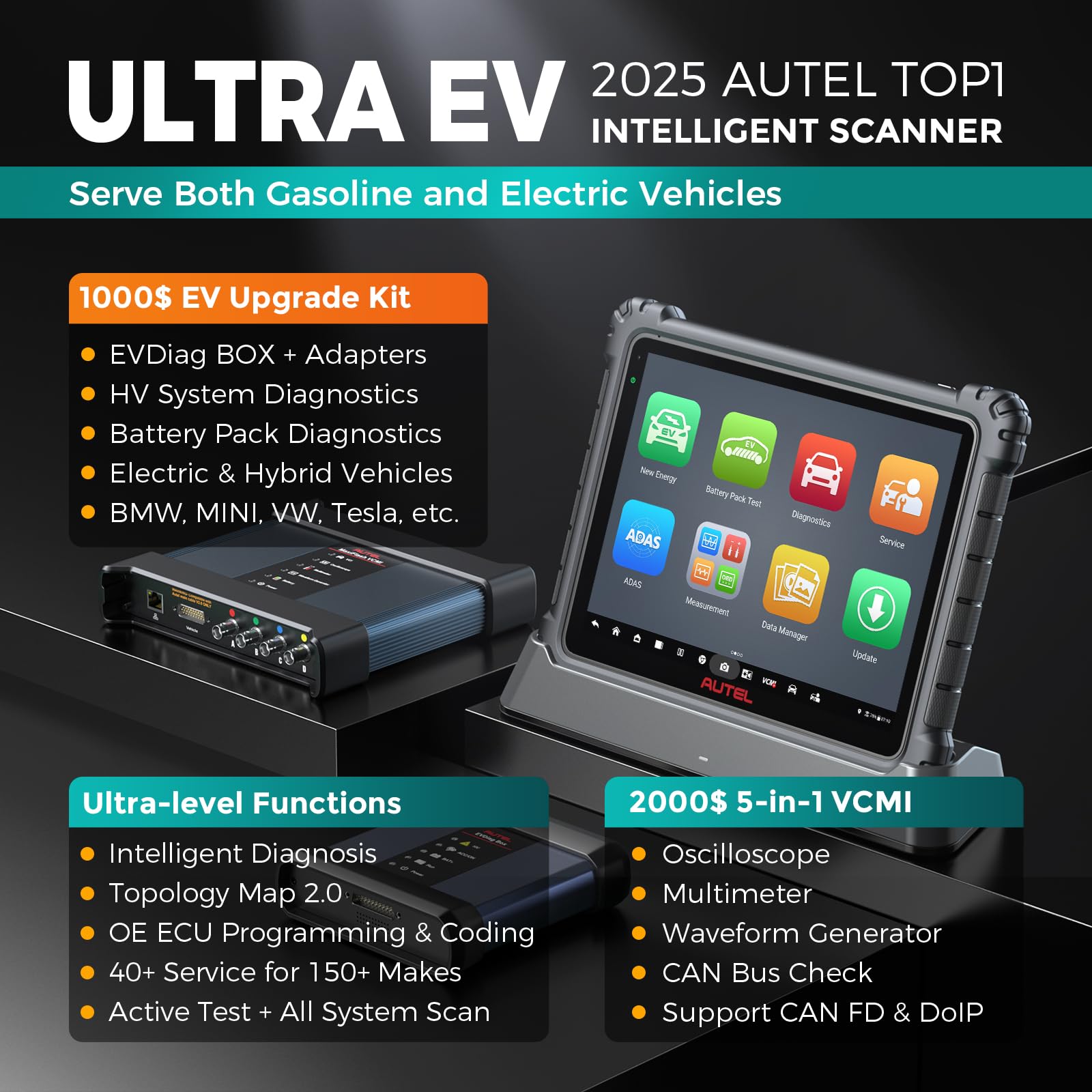 Autel MaxiSys Ultra EV 2025 UltraEV: Updated of MS Ultra Elite II Pro w/EVDiag Kit, High-Voltage System & Battery Analysis, MaxiFlash VCMI, J2534 Programming, Motor TruSpeed Repair, Topology Map 2.0