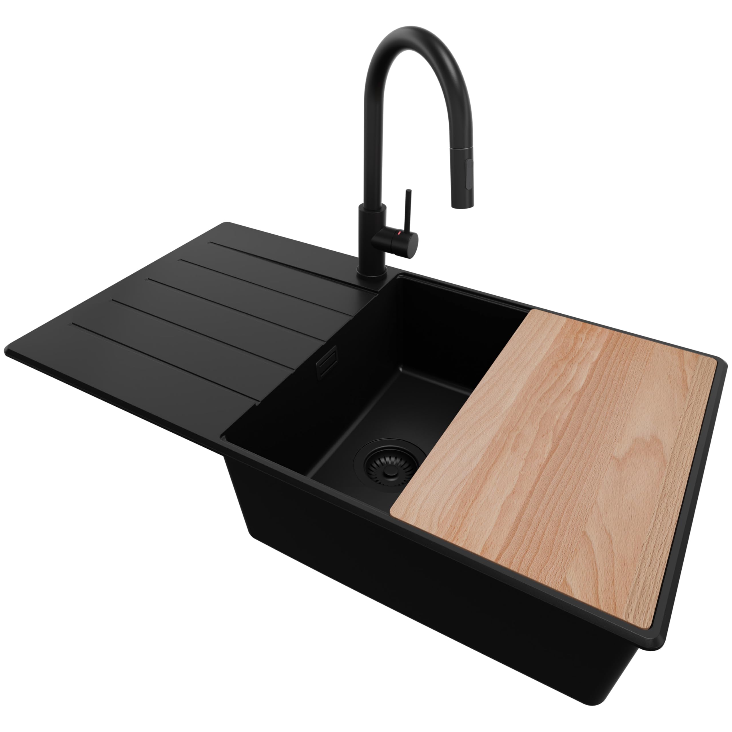 PRIMAGRAN Lavandino da Cucina Tutto Nero 90x50cm, Lavello in Granito a 1 vasca + Rubinetto 40x20cm + Set di accessori, Lavabo da Cucina Incasso al Mobile 60cm - Copenhagen Top S734
