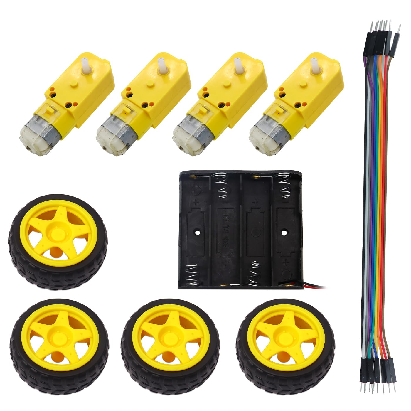 Electronic Spices Combo of Dual Shaft BO Motor | Rubber Wheels | Male to Male Jumper Wire and 4 AA Cell Holder