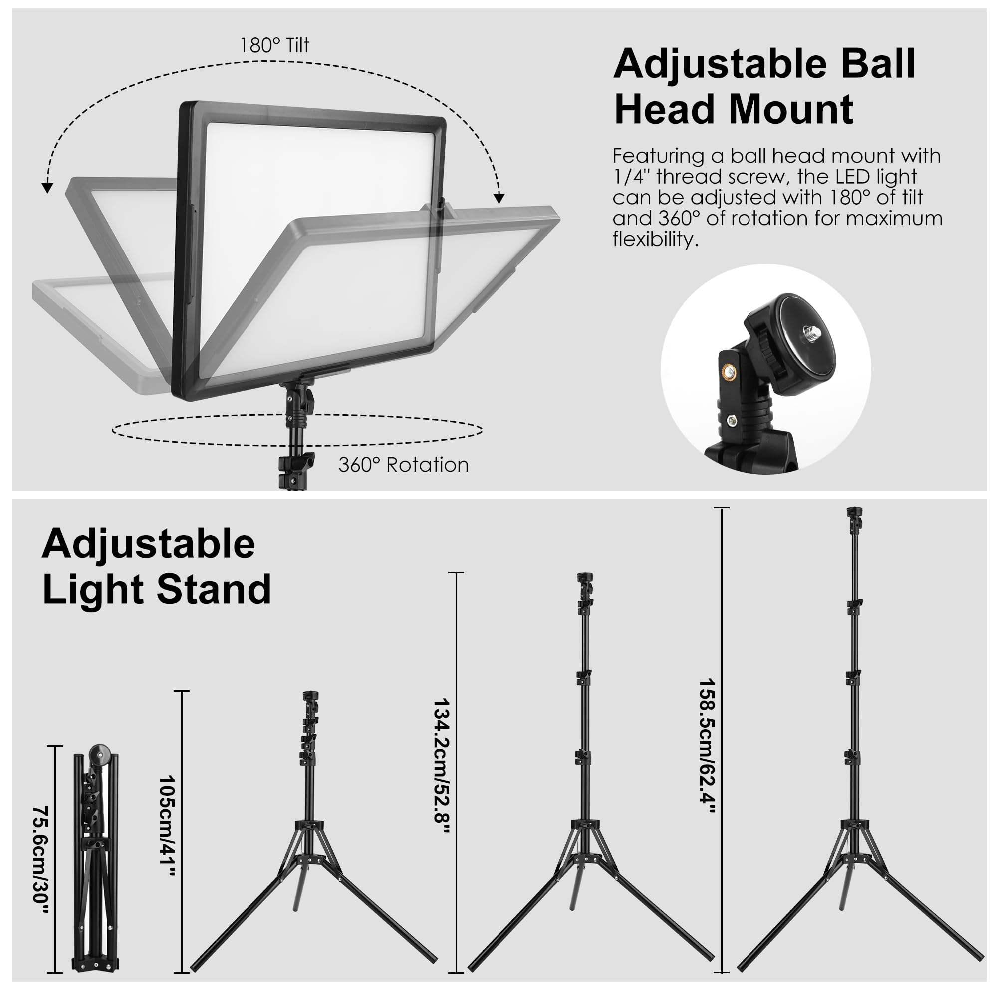 20W Luz LED Foto Video 2-Pack, Ci-Fotto Luces LED Continua Bicolor 2800-6500K Regulable, 175cm Kit de Iluminación Fotográfica CRI 97+ 2000LM para Estudios, Youtube TikTok Grabación de Video,Streaming