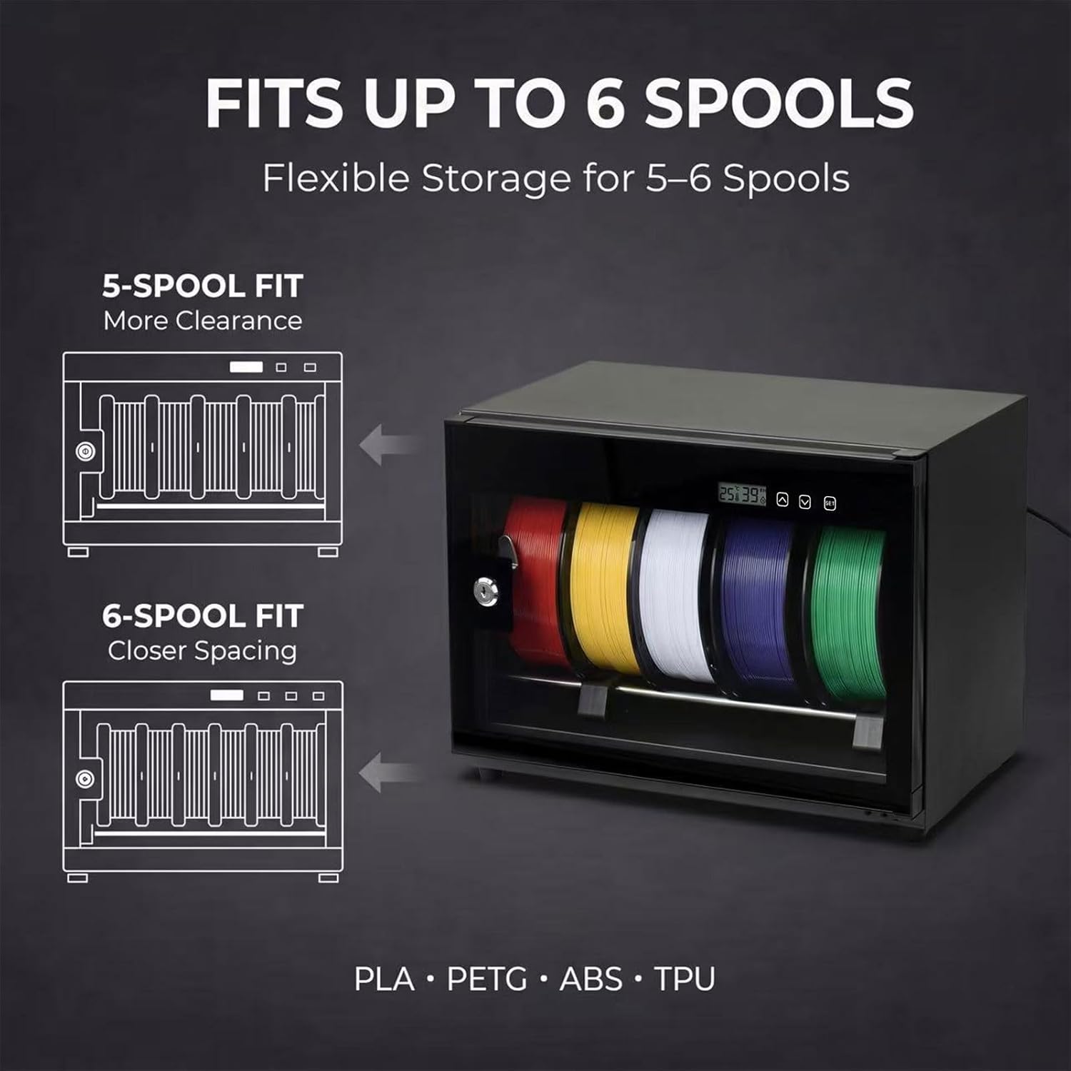 3D Printer Filament Storage Box, 6-Spool Airtight Dry Cabinet with Auto Humidity Control (23%–60% RH), Tempered Glass Door, No Desiccant Needed, for PLA PETG ABS TPU