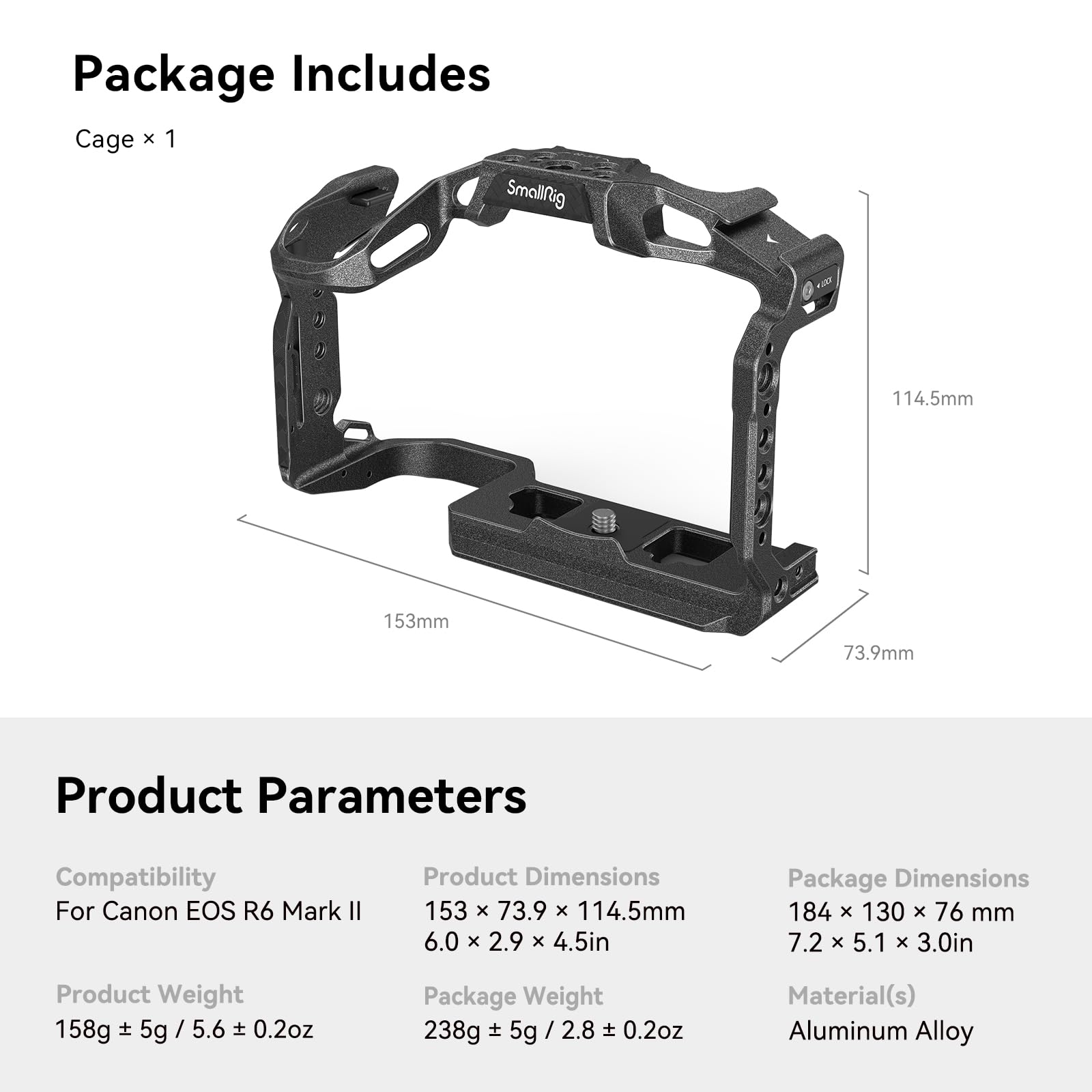 SMALLRIG ''Black Mamba'' Camera Cage solo per Canon R6 Mark II, Piastra a Sgancio Rapido Integrata, Fori per Viti da 1/4"-20 e 3/8"-16, Presa QD - 4161