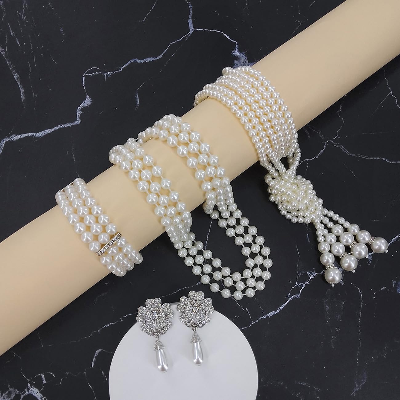MIVAIUN 3-delige plastic kralenset, jaren 20 kralen sieradenset, parelketting, oorbellen en armband, vintage ketting uit de jaren 20, armband, Eén maat, Kunststof, Parel