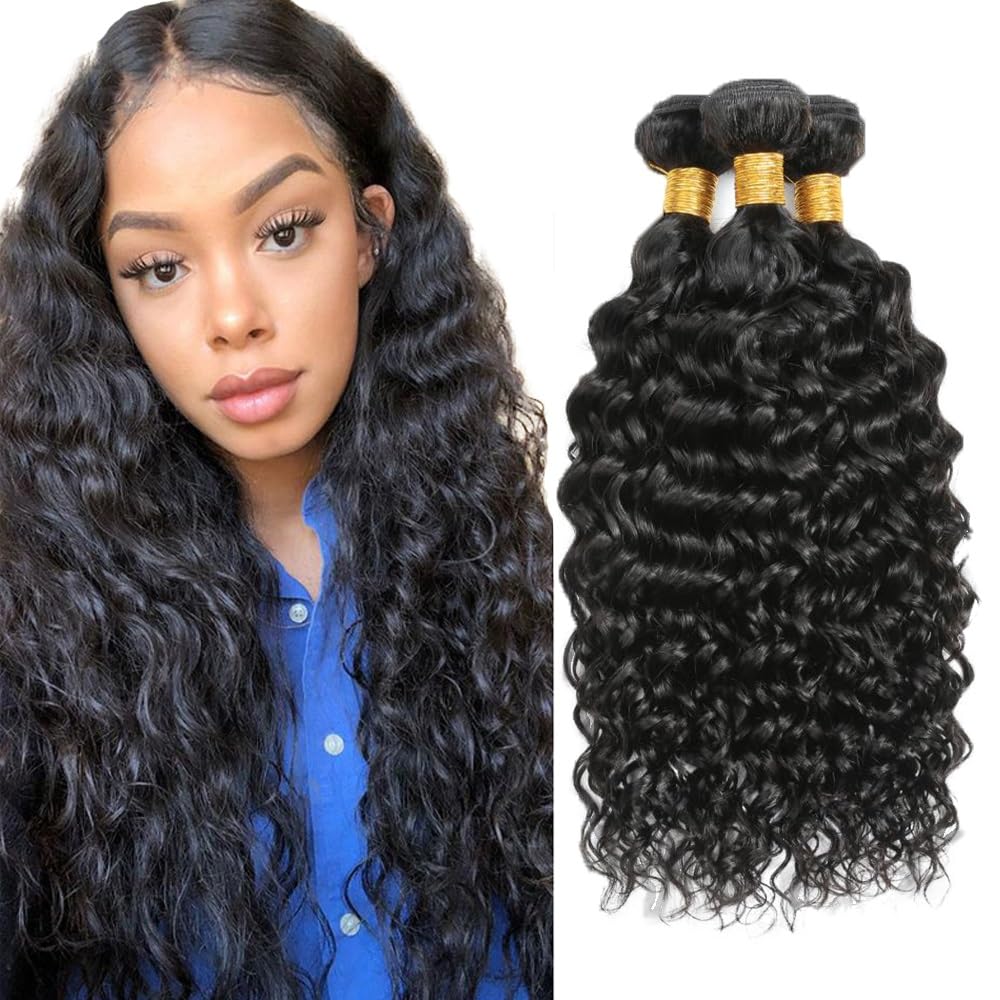 AiPliantfis Water Wave 1B Natural Black Double Weft Human Hair Extension Human Hair Bundles Unprocessed Glueless Virgin Weave 3 Bundles Total 300g 28 30 32 Inch