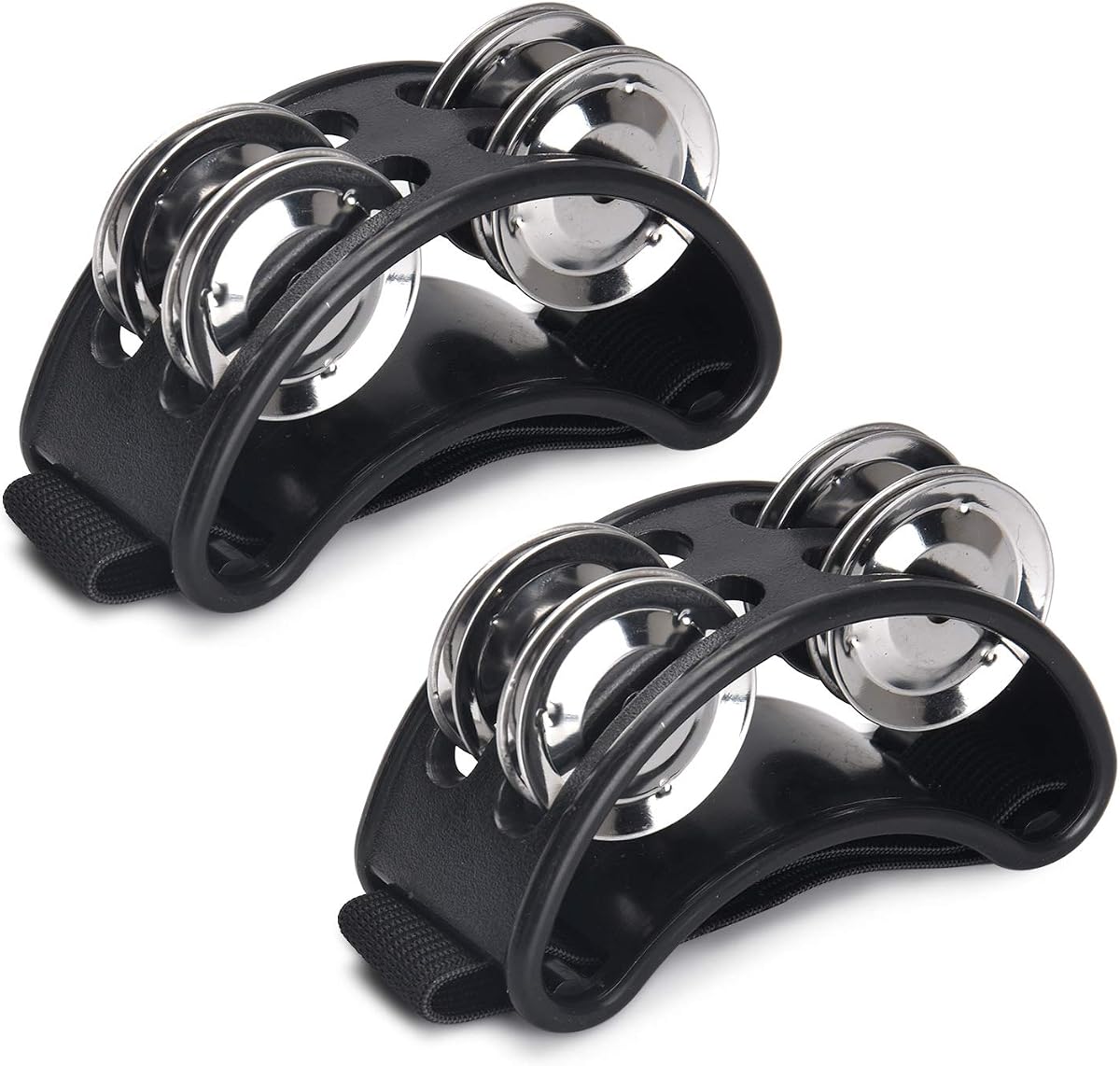 2PCS Foot Tambourine Percussion, Musical Instrument Percussion Pedal with Steel Jingle Bells for Drum & Guitar Playing, Foot Percussion Shakers with Elastic Strap for Adults - Black