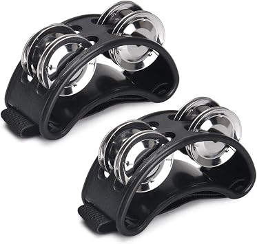 Facmogu 2PCS Foot Tambourine Percussion, Musical Instrument Percussion Pedal with Steel Jingle Bells for Drum & Guitar Playing, Foot Percussion Shakers with Elastic Strap for Adults - Black