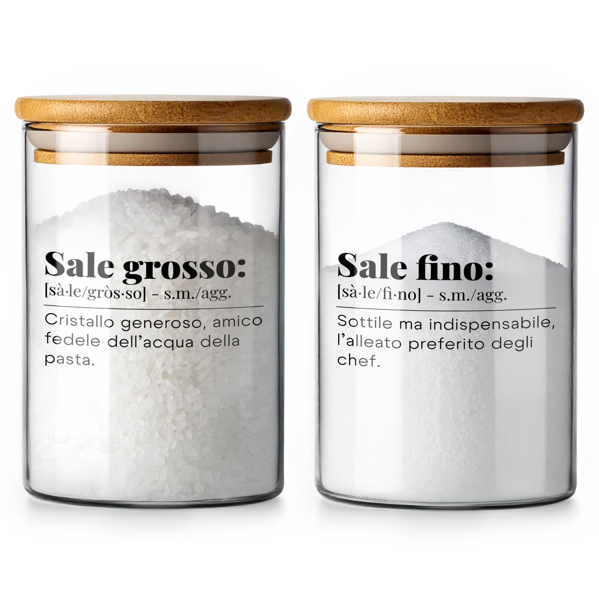 TUNDRA - Set 2 Barattoli Sale Fino e Grosso in Vetro Borosilicato con Chiusura Ermetica da 800ml - Porta Sale con Coperchio in Bambù, Contenitori Vetro Cucina Porta Spezie