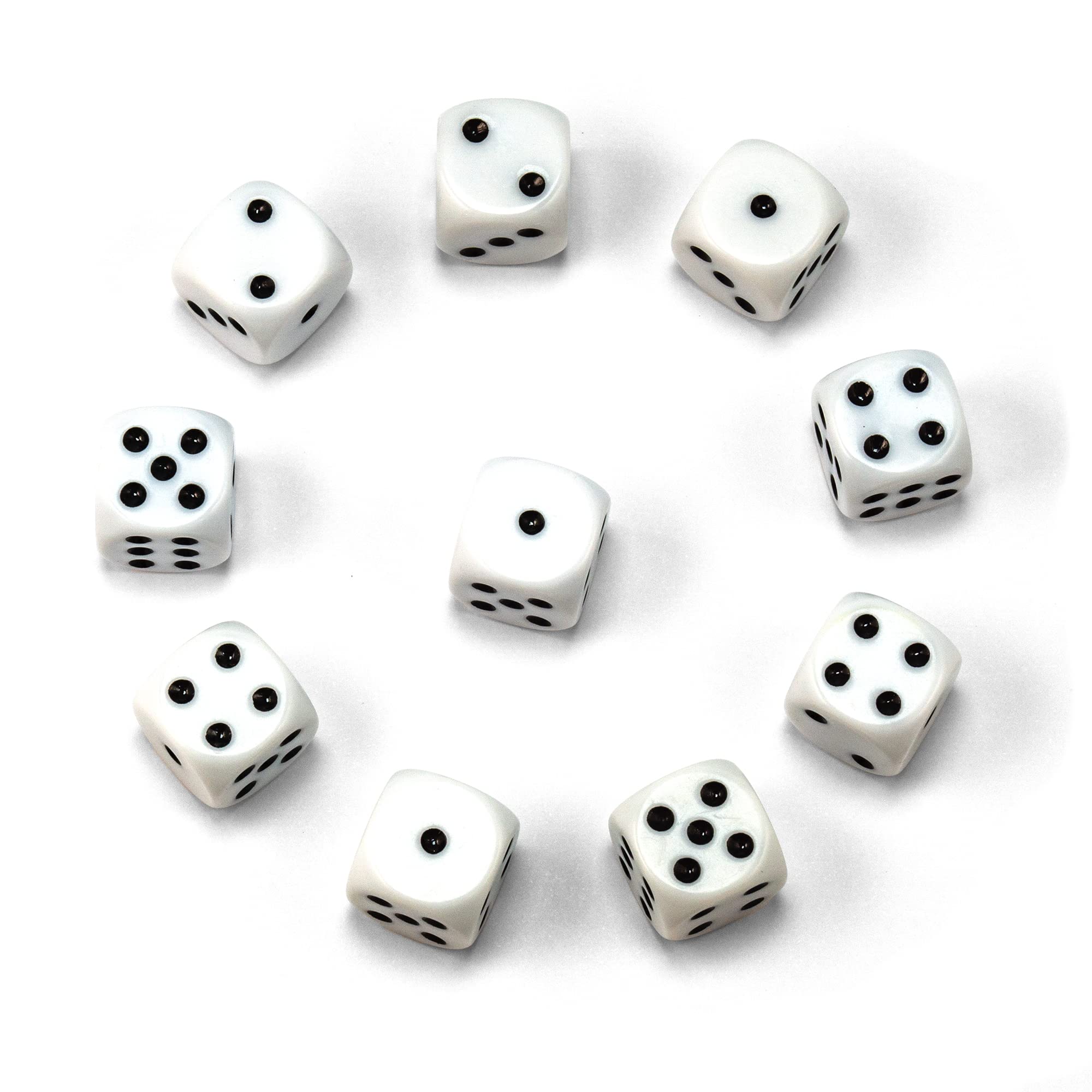Waldfelsen® High Quality 16 mm Dice in 15 Colours Eye Cube Game Cube Set (10 Pieces, White)