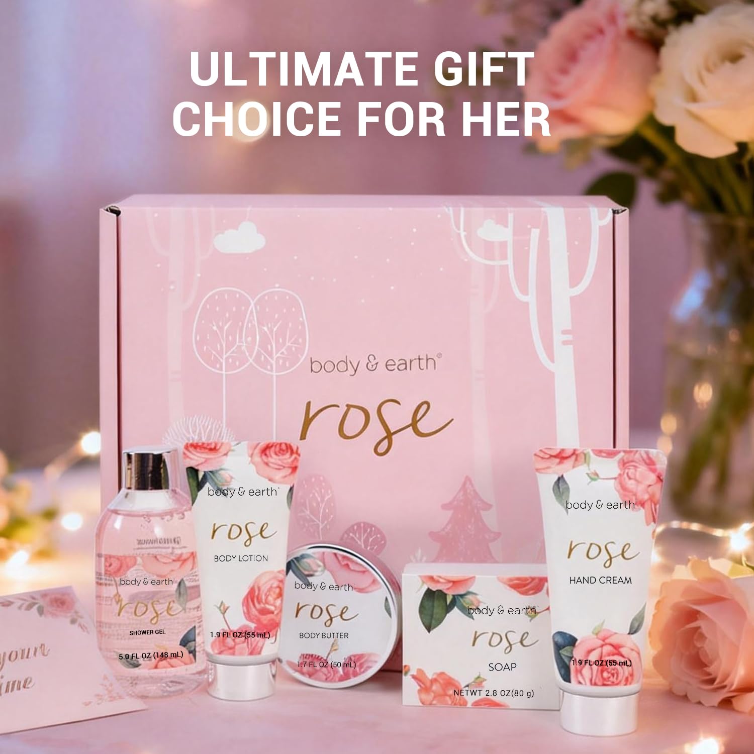 BODY & EARTH Spa Gift Set for Women - Luxurious 5 Pcs Bath and Body Spa Gift Box, Rose Scent, Includes Body Wash, Body Butter, Body Lotion and More, Birthday Gifts for Her Mothers Day Gifts for Mom - Image 7