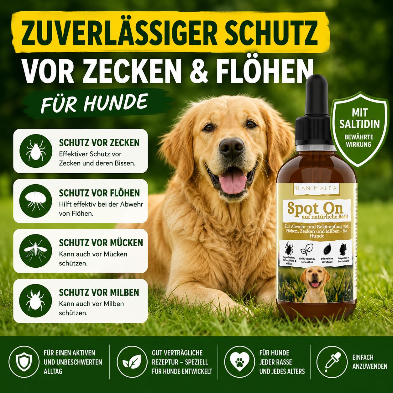 Zeckenschutz für Hunde Spot On - effektiver Schutz gegen Zecken, Flöhe & Mücken für die gesamte Saison - Zeckenmittel für Hunde 50ml - Zeckenabwehr mit Neemöl & ohne Nervengift